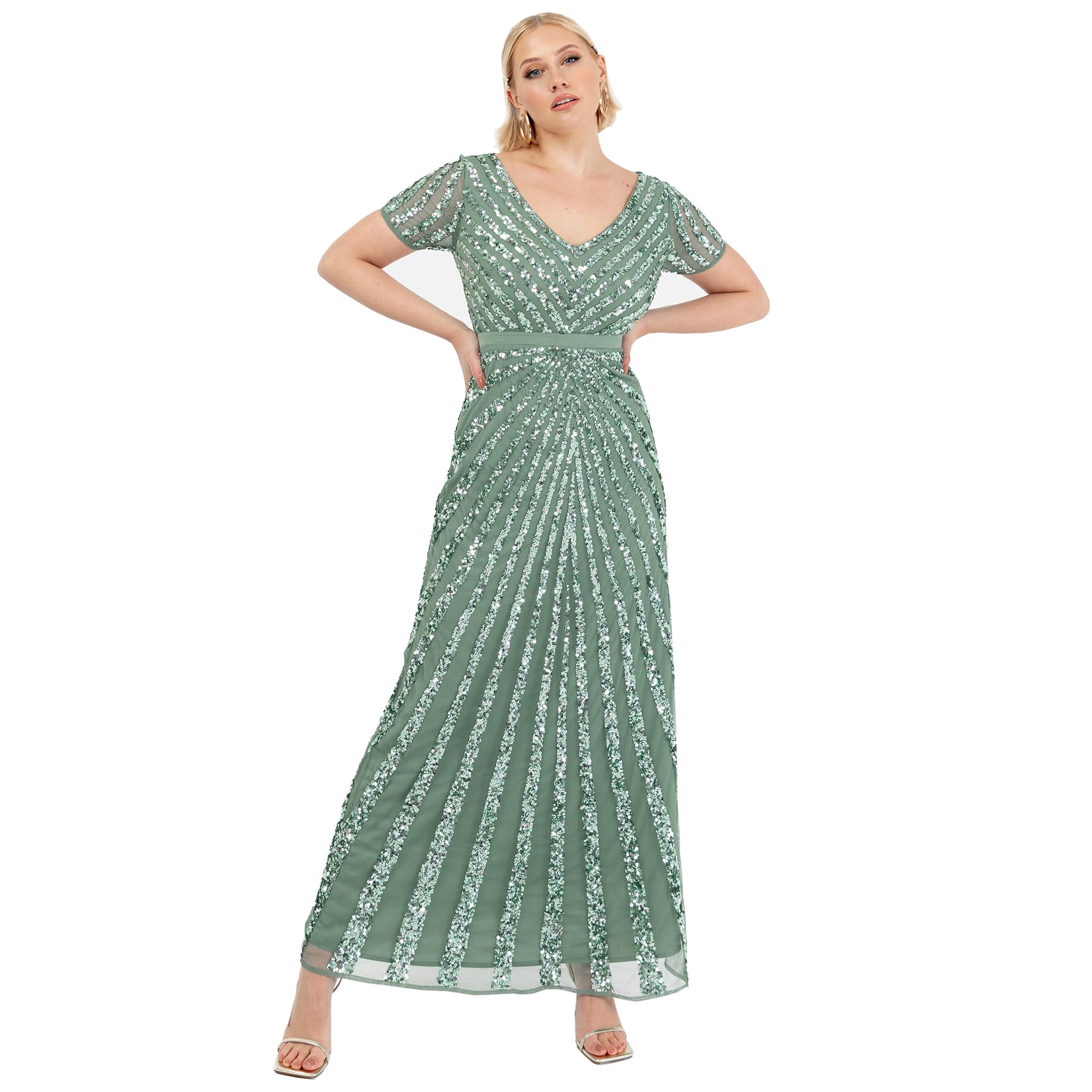 Maya Deluxe Women's Deep Mint Maxi Embellished Sequin Dress Long Short Sleeve V Neck High Empire Waist A Cut Shiny Prom Wedding Bridesmaid Dress,