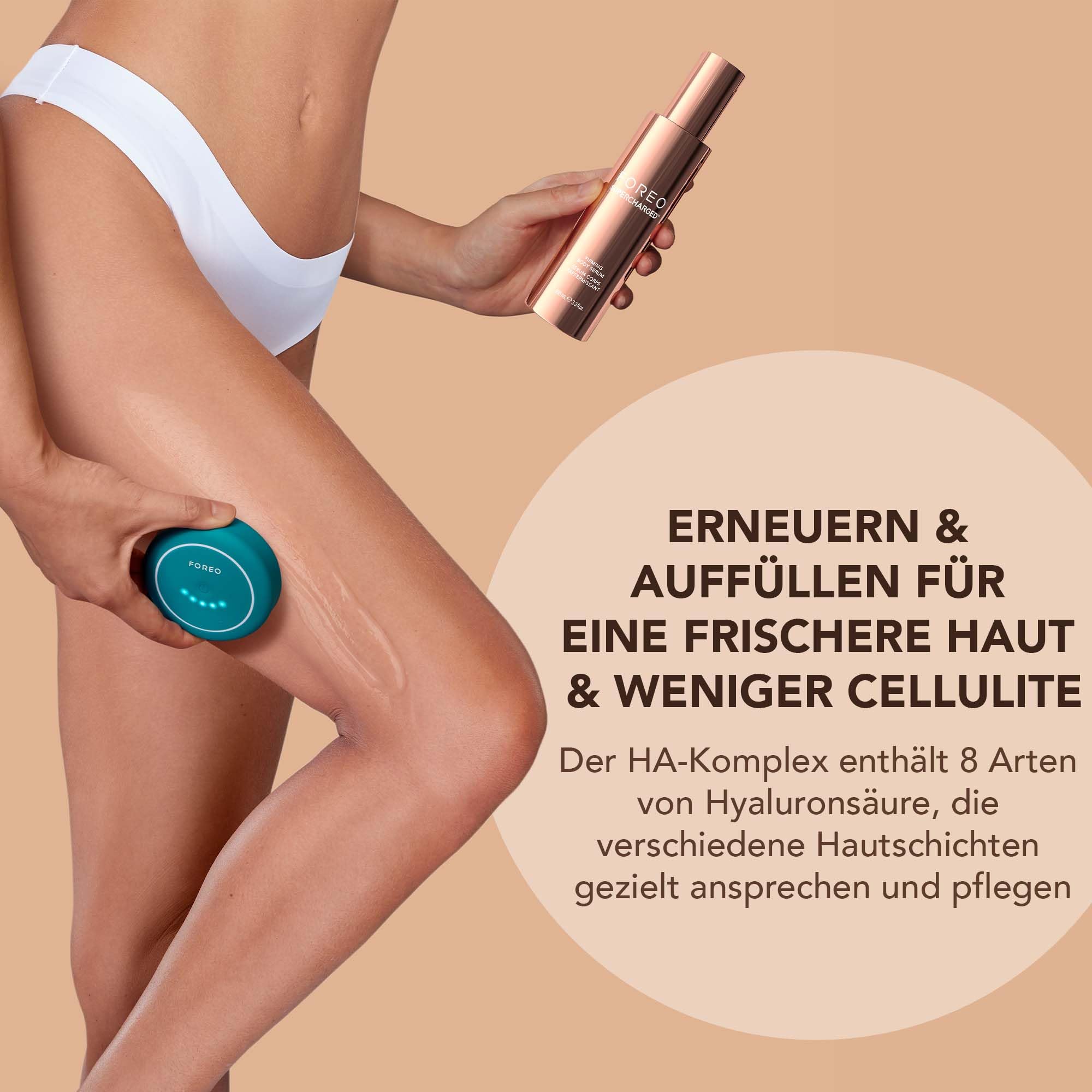 FOREO SUPERCHARGED straffendes Hyaluronserum, 100 ml - Leitfähig & straffend - Anti-Cellulite - Anti-Aging-Körperpflege - 8 Arten Hyaluronsäure - Dermatologisch getestet - Für alle Hauttypen geeignet