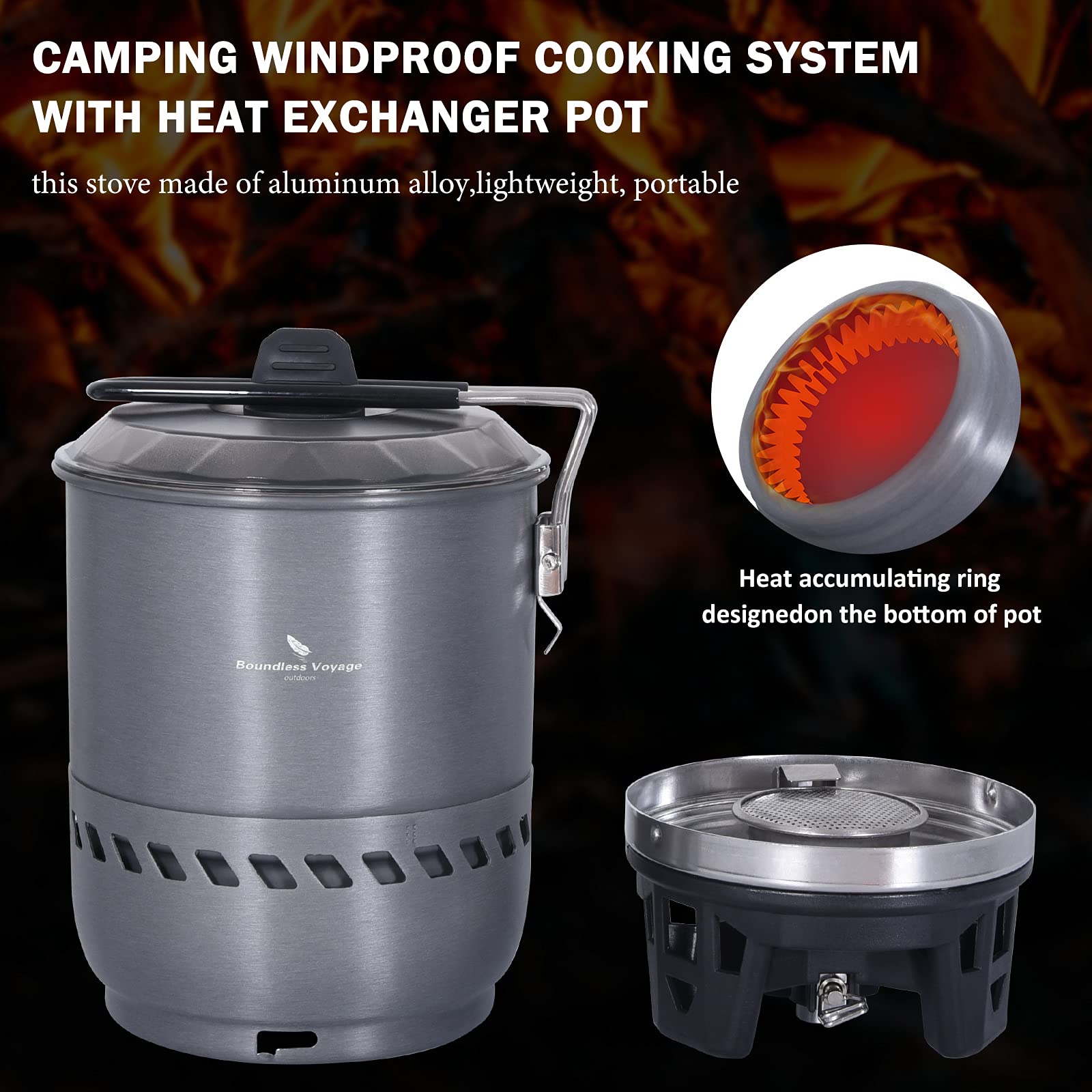 iBasingo 1.6L Camping Heat Exchanger Pot with Windproof Cooking System, Lightweight Aluminium Alloy Cookware Outdoor Cycling Picnic Gas Reactor Stove, Portable Kitchen Utensils for 1 Person