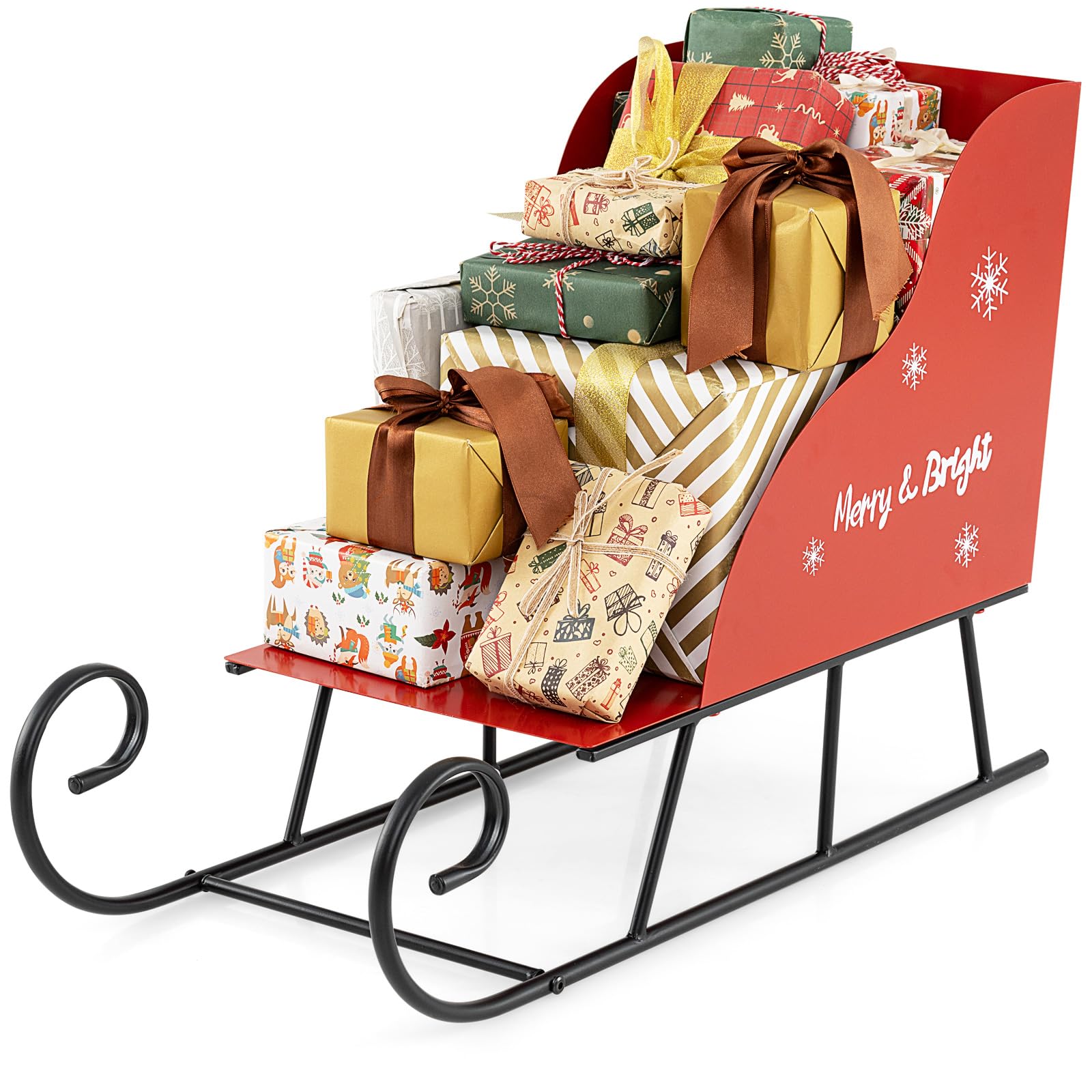 GOPLUS Trineo de Navidad de Metal, Trineo Decorativo de Papá Noel con Almacenamiento de 2 Niveles, Decoración Navideña para Hogar, Oficina, Eventos Festivos, Celebraciones (73,5 x 31 x 50,5 cm)