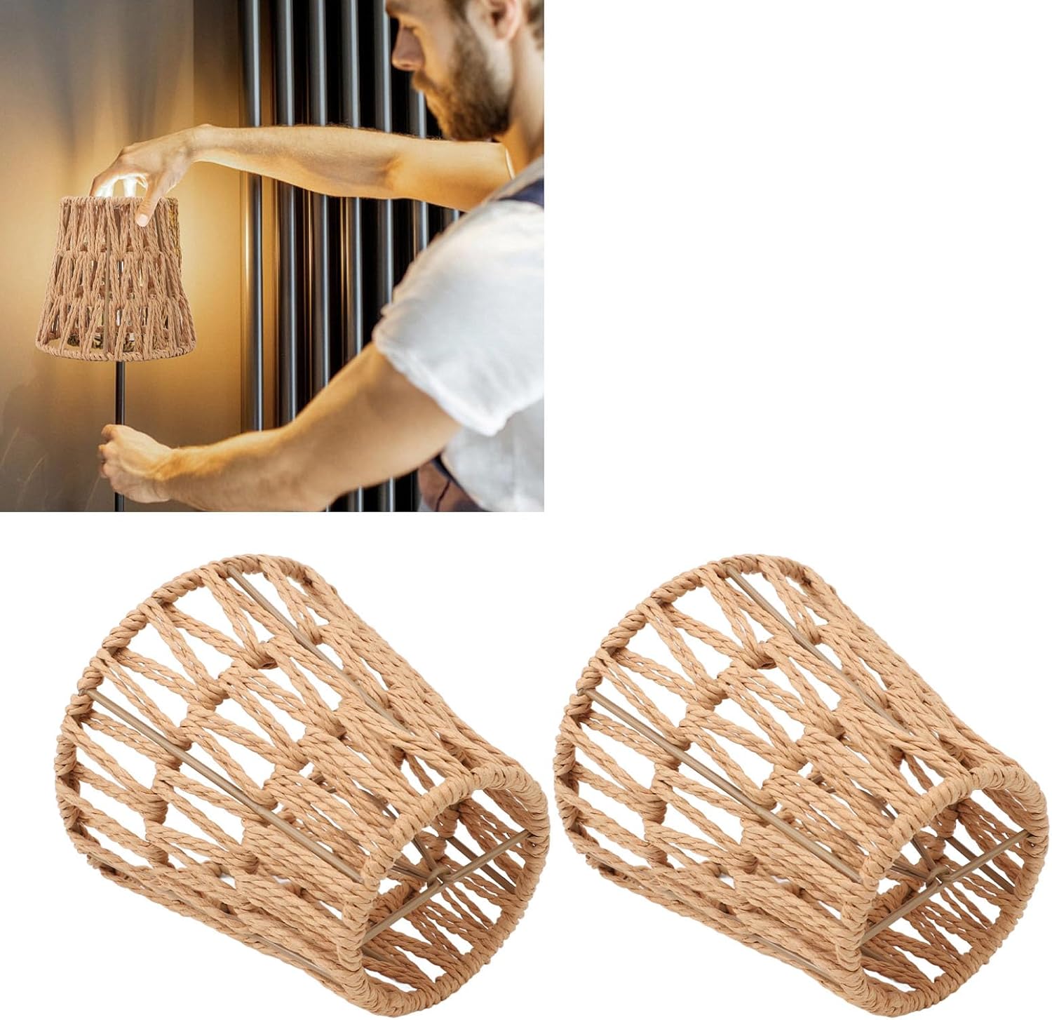 3 Pack Rattan Lamp Shade, E14 Bulb Clip On Woven Lampshade, 3.5 Top X 5.5 Bottom Small Boho Lamp Shades Replacement for Floor Lamp, Pendant Light, Chandelier, Wall Sconces