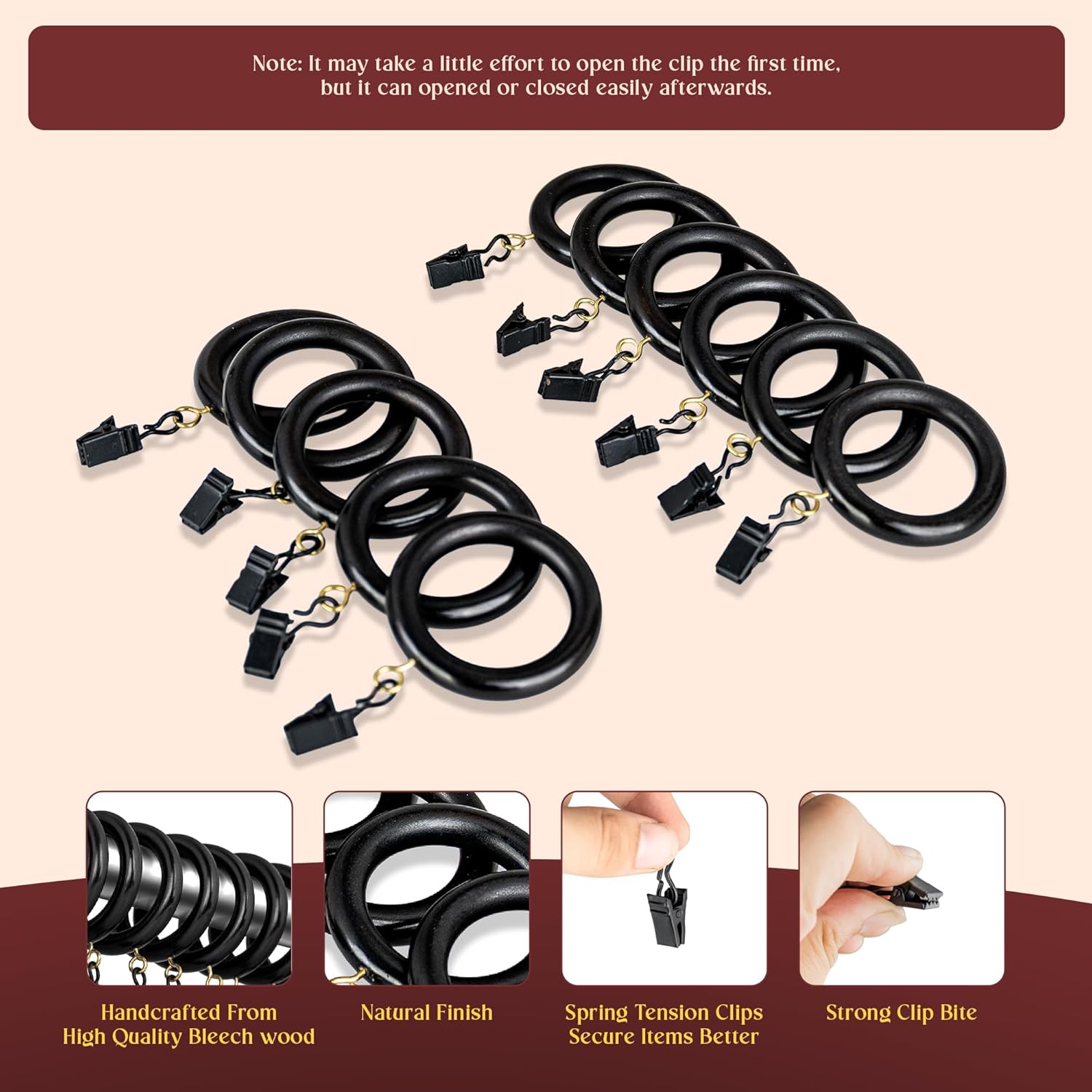 Black Curtain Clip Rings with Hooks – Polished Shower & Drapery Rings – 3 Inch Outer, 2.2 Inch Inner Diameter – Set of 48