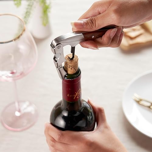 Miniatura 7 de Twine Country Home Sacacorchos de madera con doble bisagra, llave de vino con incrustaciones de palisandro, herramienta de bar, abridor de vino,