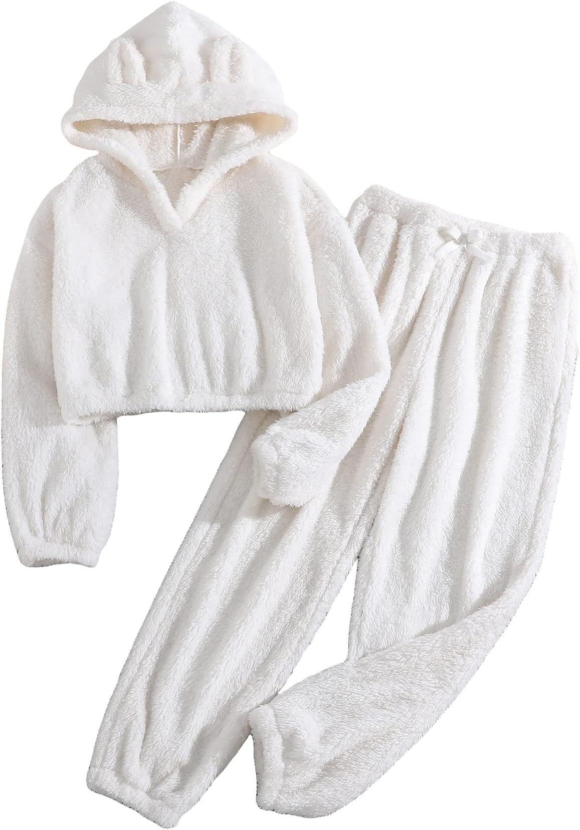SOLY HUX Girl's Bear Ear Fuzzy Drop Shoulder Hoodie Sweatshirt with Sweatpants Two Piece Outfit