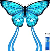 Vista 10 de Simxkai Cometa de mariposa para niños y adultos, fácil de volar azul cometa grande para principiantes, mango de línea incluido