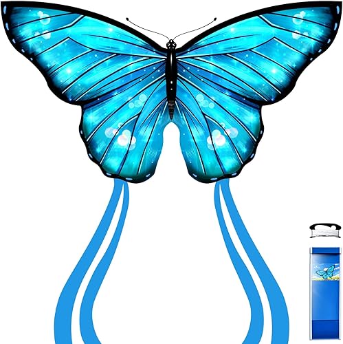 Miniatura 11 de Simxkai Cometa de mariposa para niños y adultos, fácil de volar azul cometa grande para principiantes, mango de línea incluido