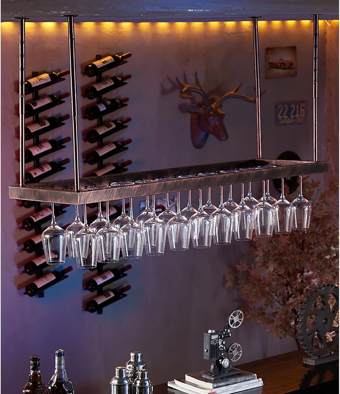 Hanging Wine Glass Holder Metal Wine Rack,Height Adjustable,Iron Wine Glass Holder,Ceiling Mounted Wine Glass Hanging Rack,for Bars Restaurants Kitchens