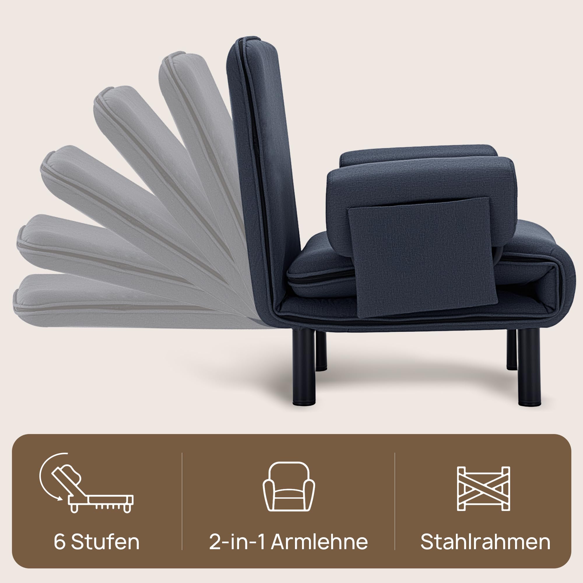 YINIX Schlafsofa 2-Sitzer mit Bettfunktion und Seitentasche, Dunkelgrau