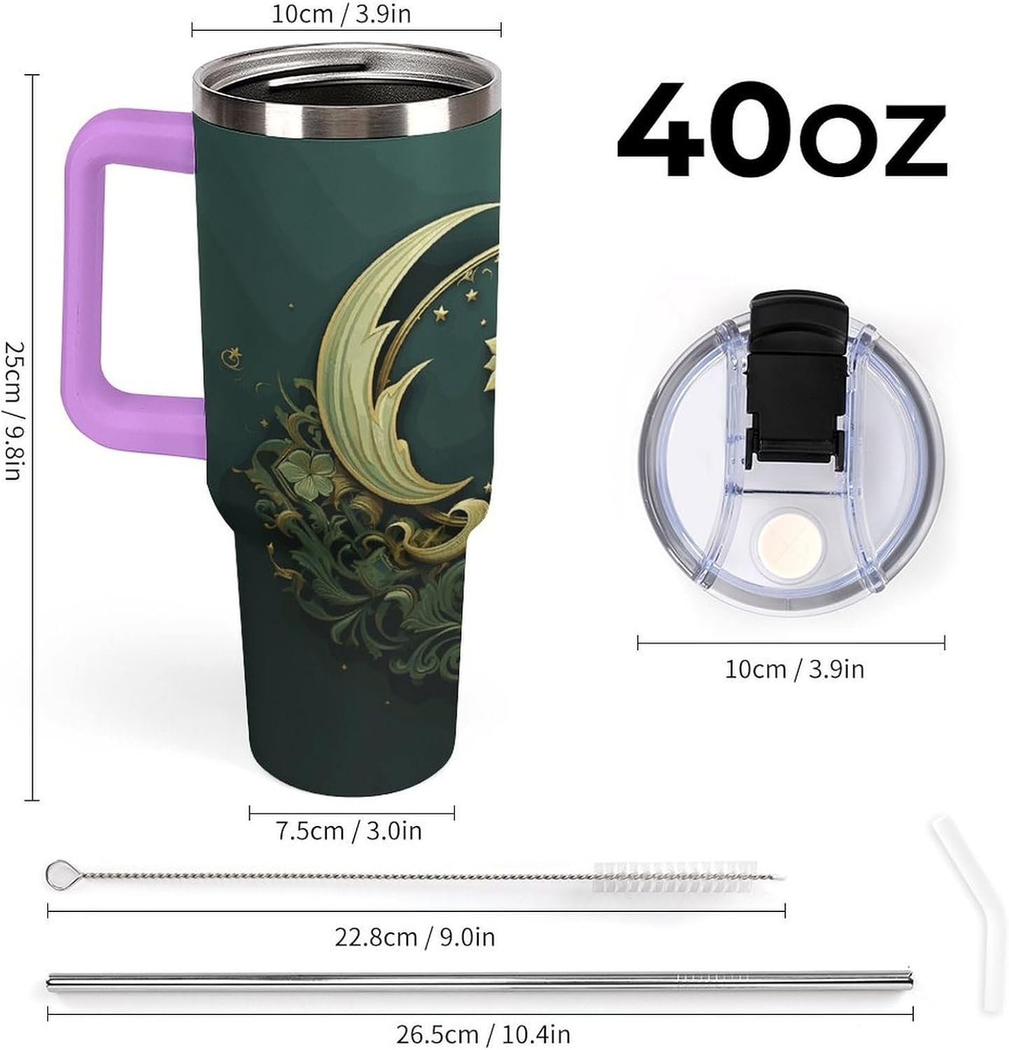 40 Oz Insulated Mug with Handle, Stainless Steel Ramadan on Green Wallpaper Printed Travel Mug Portable Leak-proof Large Car Mug for Home, Office Or Car