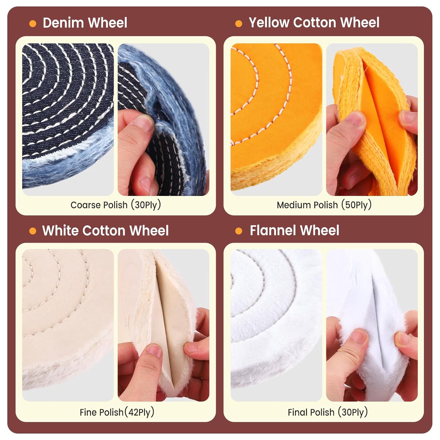 8PCS 8 Inch Buffing & Polishing Wheel Kit for Bench Grinder, 1/2" Arbor Hole, Denim/Yellow/White/Flannel Polishing Wheels with 4 Buffing Compound Set,Polishing Rouge Bars