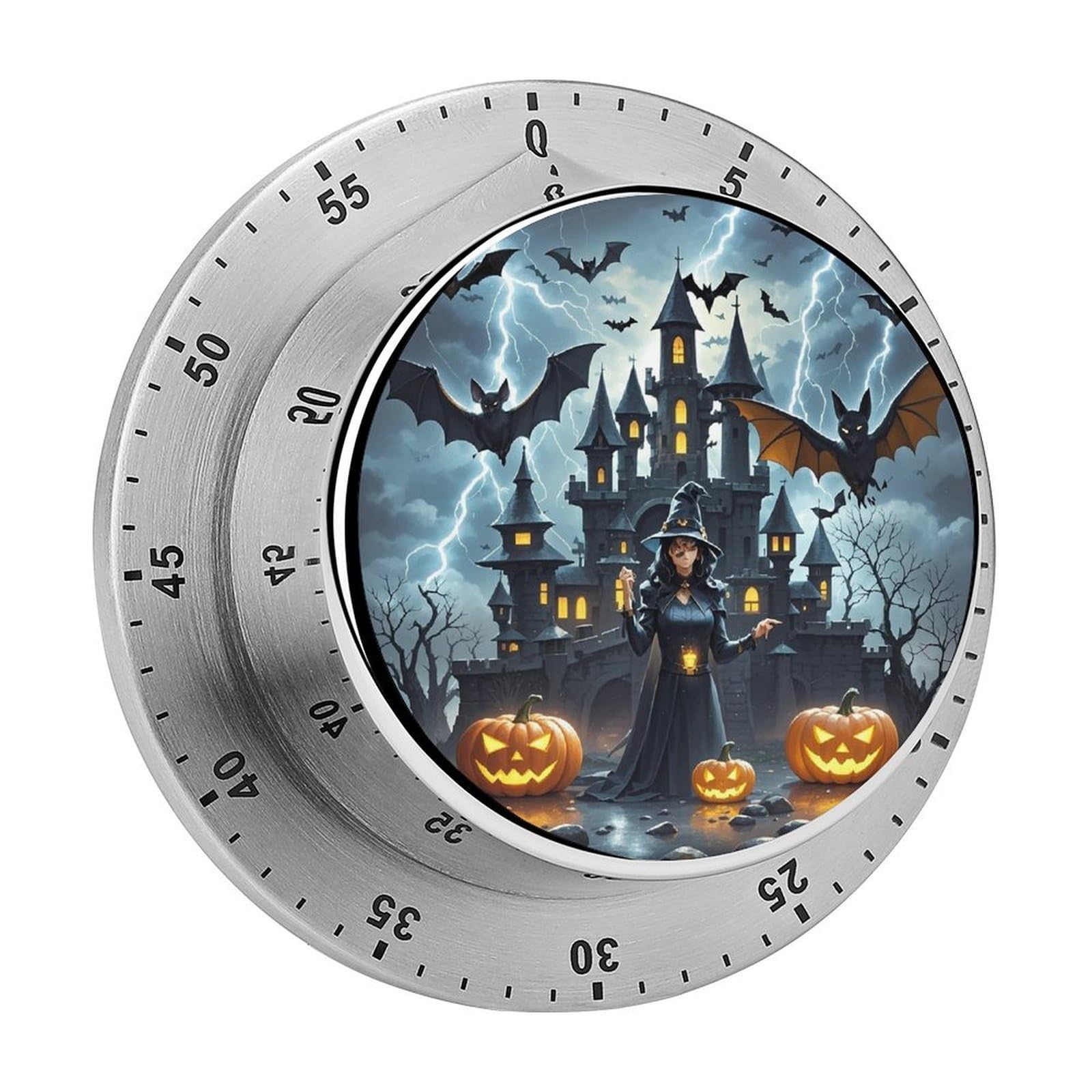 Witches Night Timer Fashion Visual Timers Wind Up 60 Minutes Desk Timers Stainless Steel Magnetic Timer Countdown Clock No Batteries Loud Alarm for Kitchen Chef Cooking