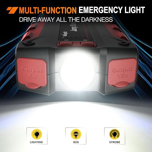 Miniatura 7 de Nilight Arrancador de batería de coche de 2000 A para motores de gasolina de hasta 8.0 L y 7.0 L diésel de 12 V, caja de salto portátil con cables