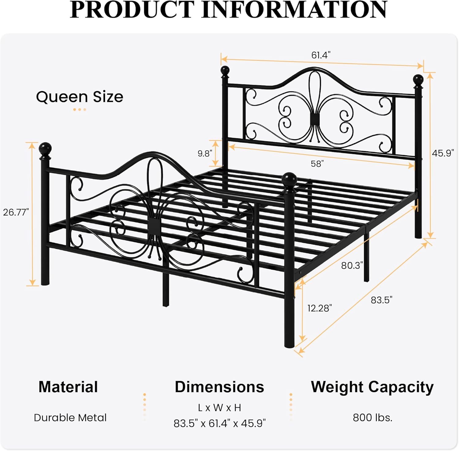 SHA CERLIN Queen Size Bed Frame and Headboard,Metal Bed Frame with Butterfly Pattern Design Headboard & Footboard,No Box Spring Needed,Easy Assembly,Black