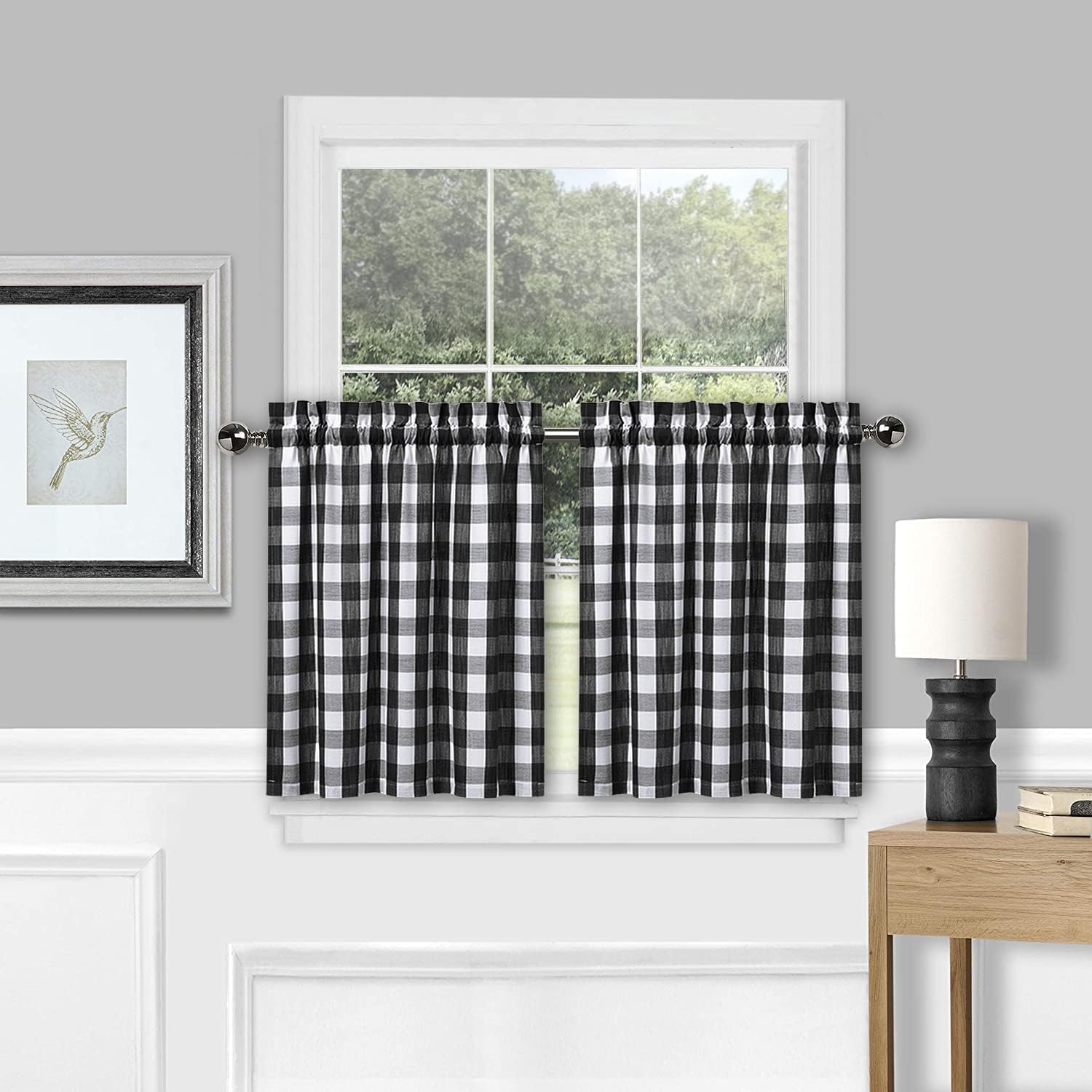 Amzdecor Buffalo Check Tier Curtains for Kitchen, Thick Yarn Dyed Buffalo Plaid Gingham Rod Pocket Farmhouse Cafe Bathroom Drapes, Short Kitchen Window Curtains, 28" W x 45" L, Black/White, Set of 2