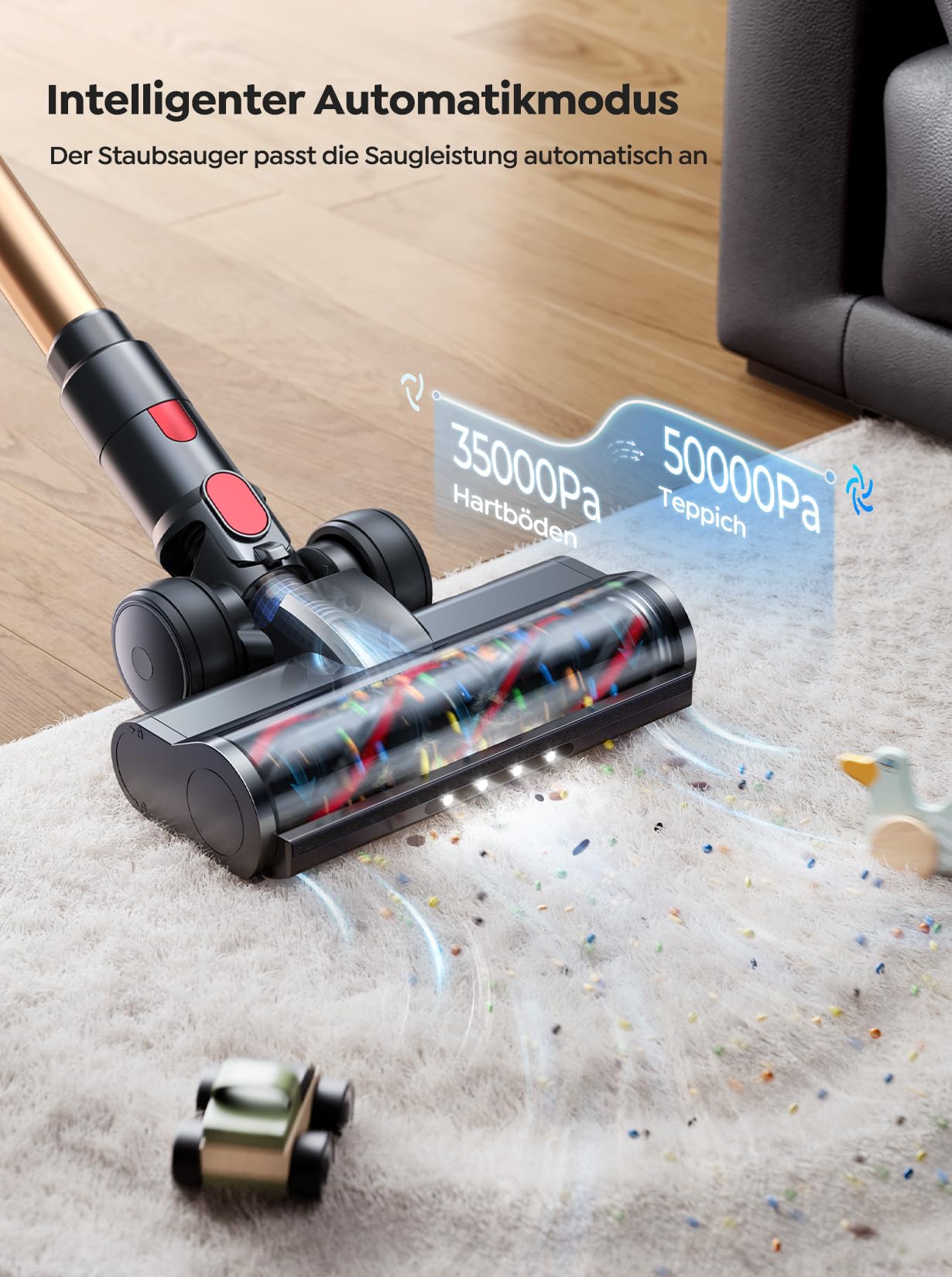 SMOTURE Akku Staubsauger 50000Pa/600W/65Min, Staubsauger Kabellos mit Mini-Elektrobürste, 1M Schlauch, Aromafunktion, Touchscreen,Anti-Tangle-Bürste,Selbststehend für Tierhaare/Teppiche/Hartböden/Auto