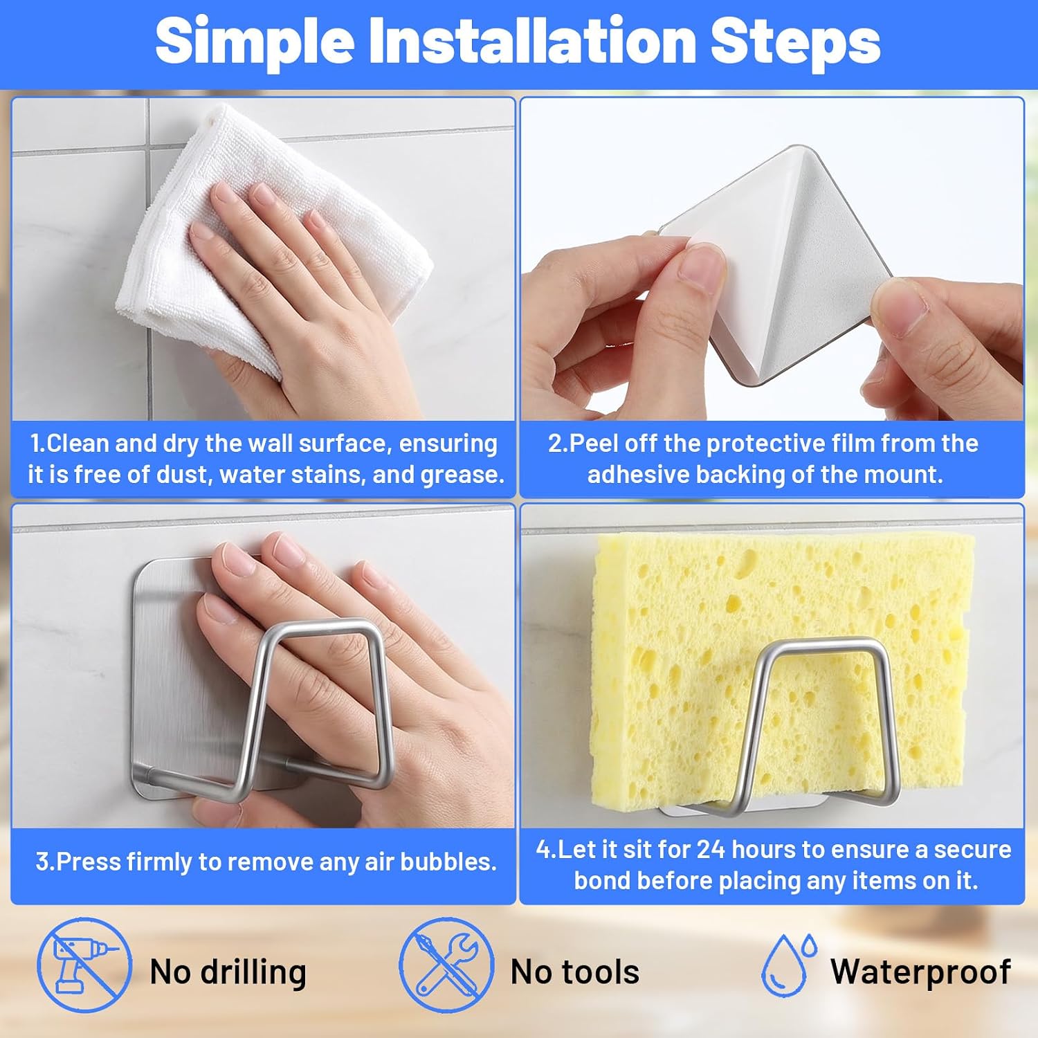 4 PCS Stainless Steel Sponge Holder for Kitchen Sink, Strong Adhesive Small Sponge Sinks Holder for Brush, Premium Rust Proof Waterproof Sink Caddy for Kitchen Accessories, Quick Drying (Silver)