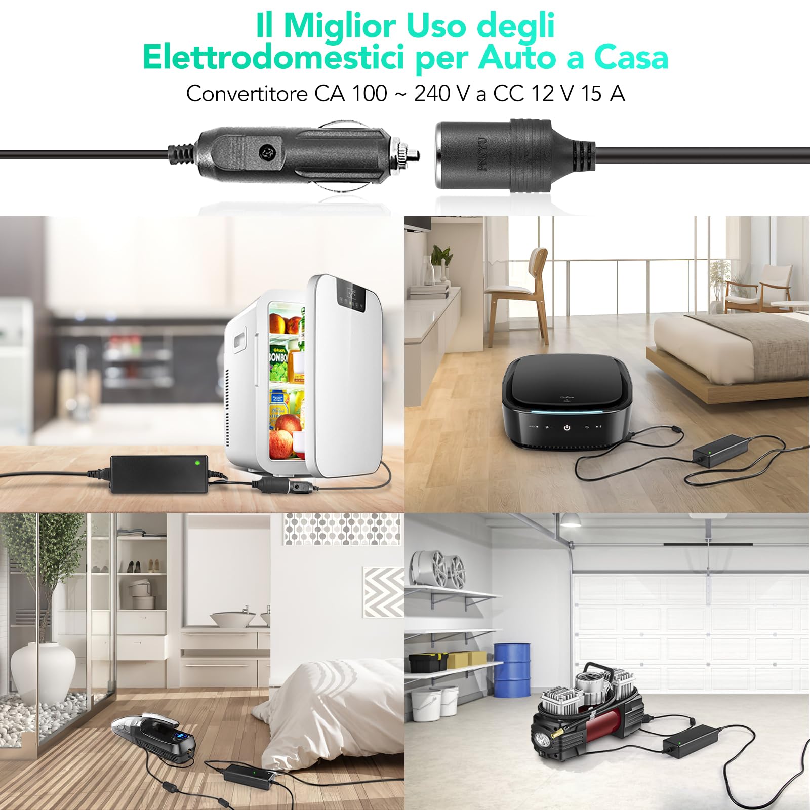 AGPTEK Adattatore di Alimentazione 180W 12V 15A, Trasformatore AC-DC per Accendisigari Auto, Compatibile con Prese 100-240V, Ideale per Compressori, Frigoriferi da Viaggio e Purificatori d'Aria