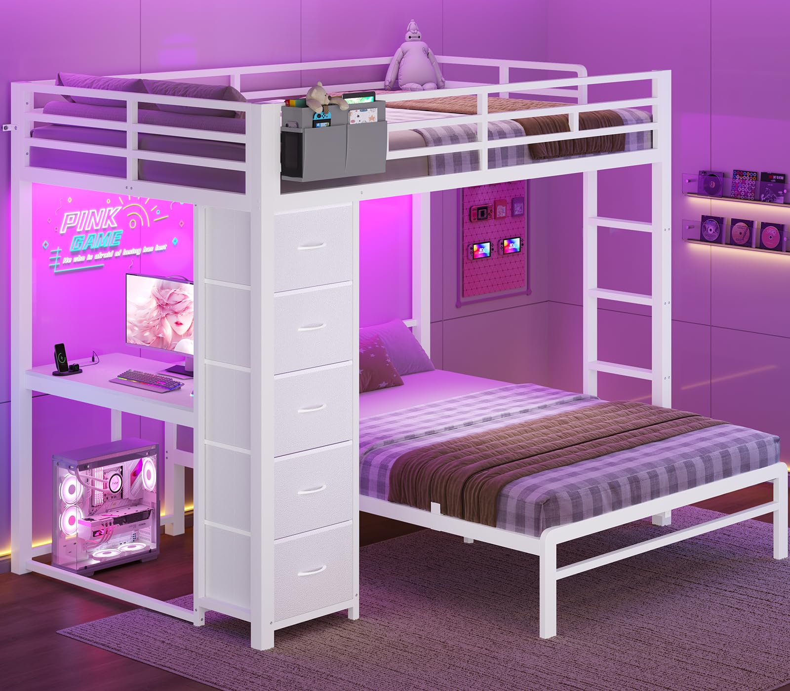 BTHFST Full Size Bunk Bed with Desk, 5 Drawers, Charging Station, White