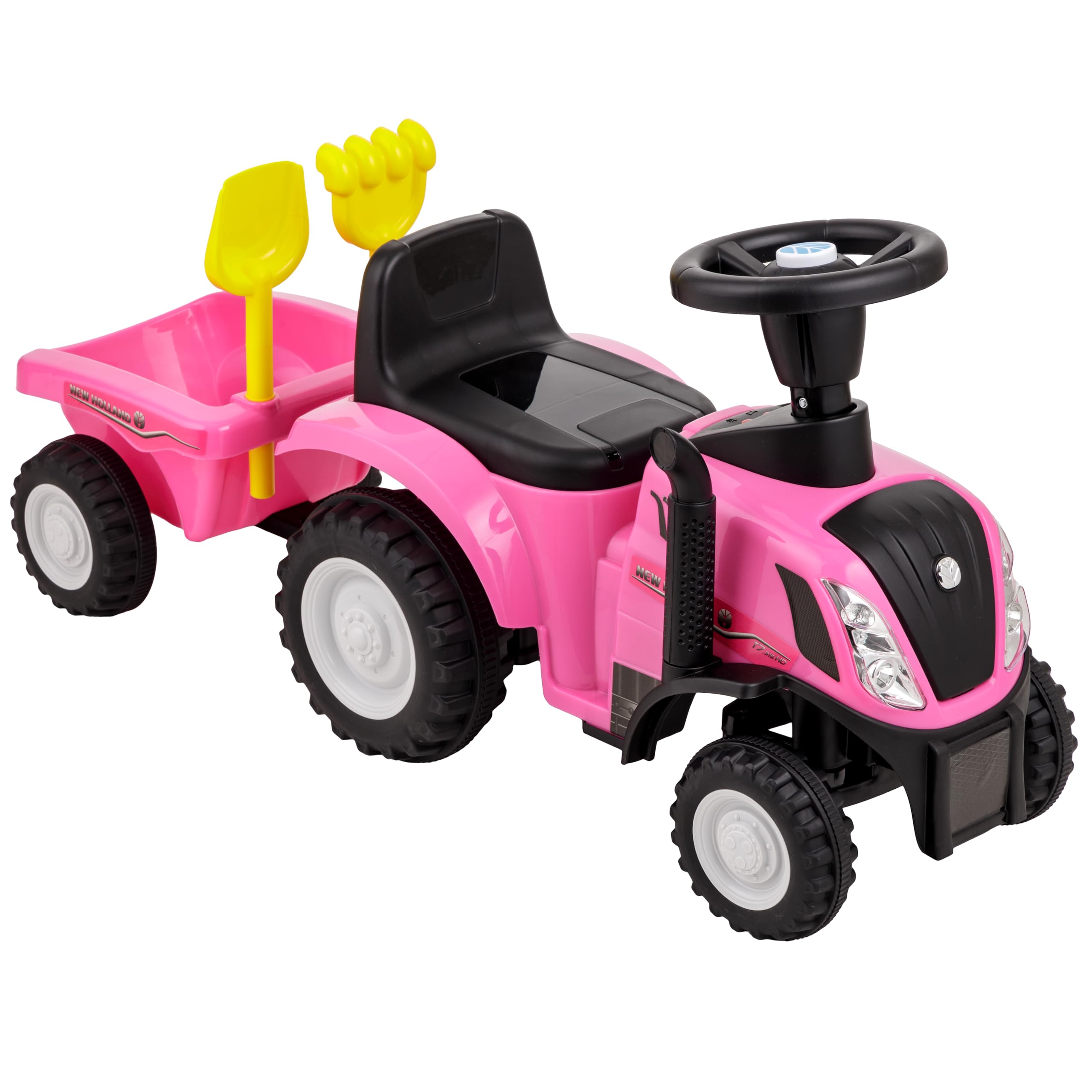 Baroni Toys Tracteur Ride-On avec remorque pour enfants de 12 à 36 mois, tracteur avec klaxon à air, volant directeur, sons et phares fonctionnants, pelle et râteau inclus, 29 x 91 x 44 cm, rose