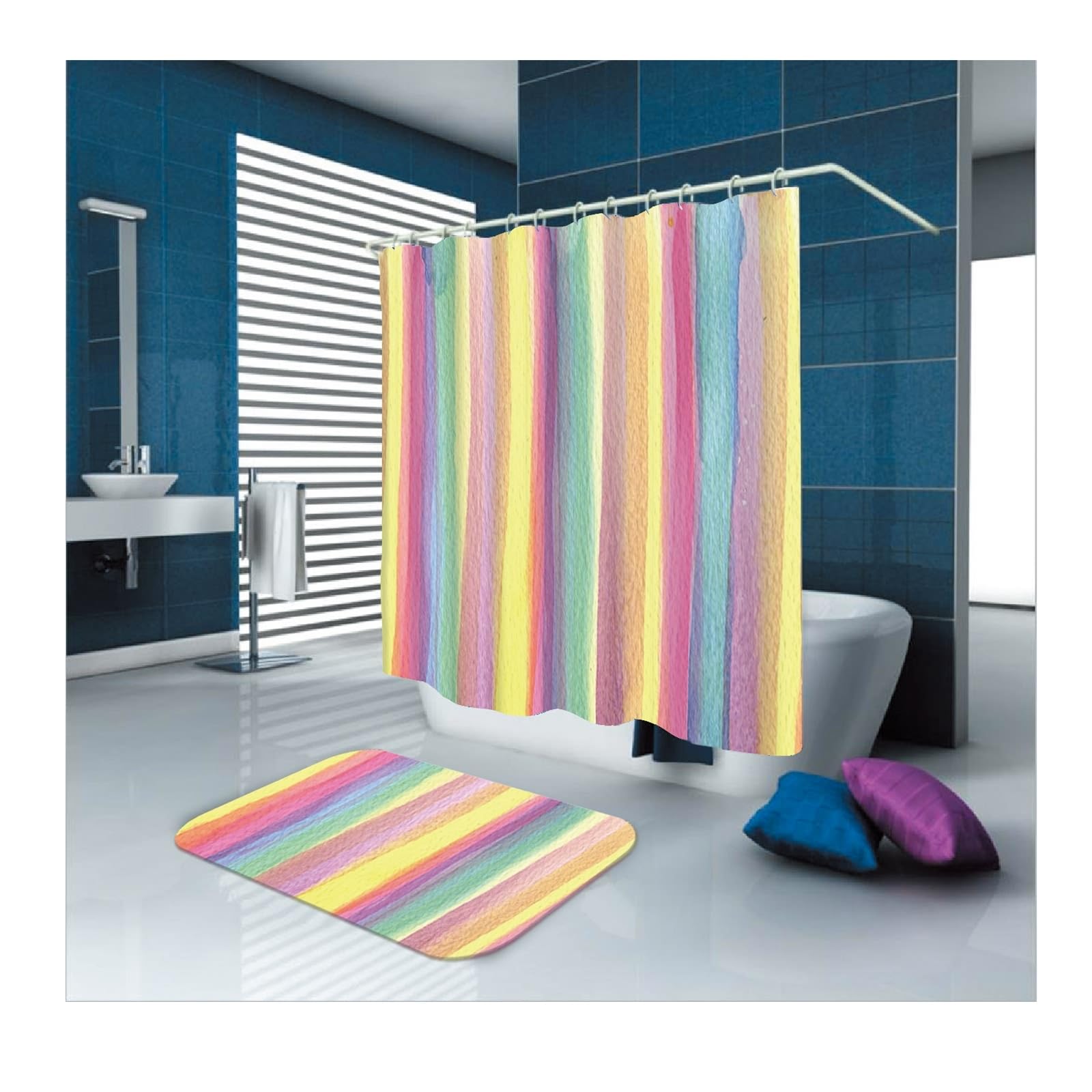 Rideau de douche multicolore 165x180 en textile polyester à rayures pour baignoire moderne