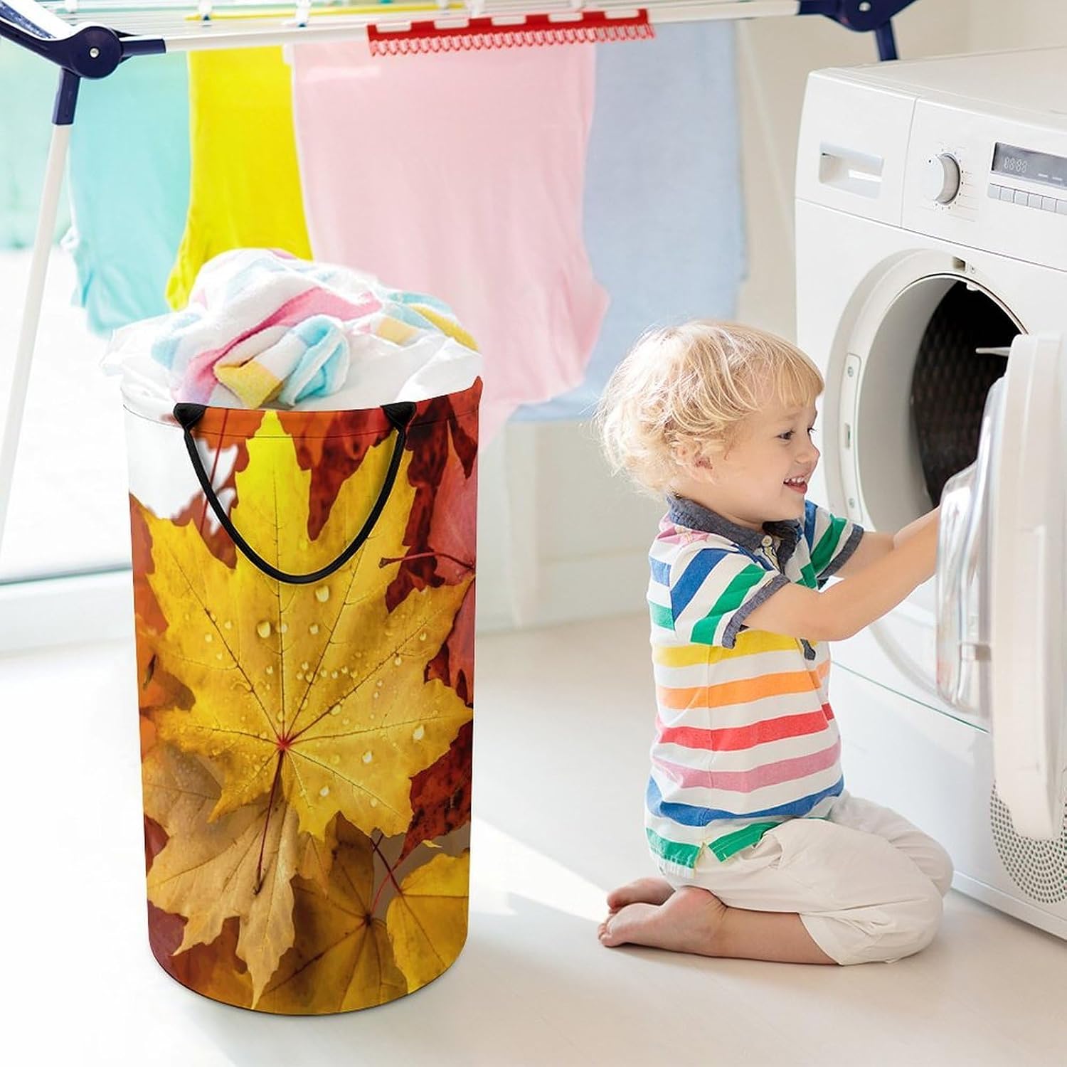 Large Laundry Hamper with Handles Autumn Leaves Maple Laundry Basket Freestanding Waterproof Clothes Hamper for Living Room Bedroom Bathroom College Dorm
