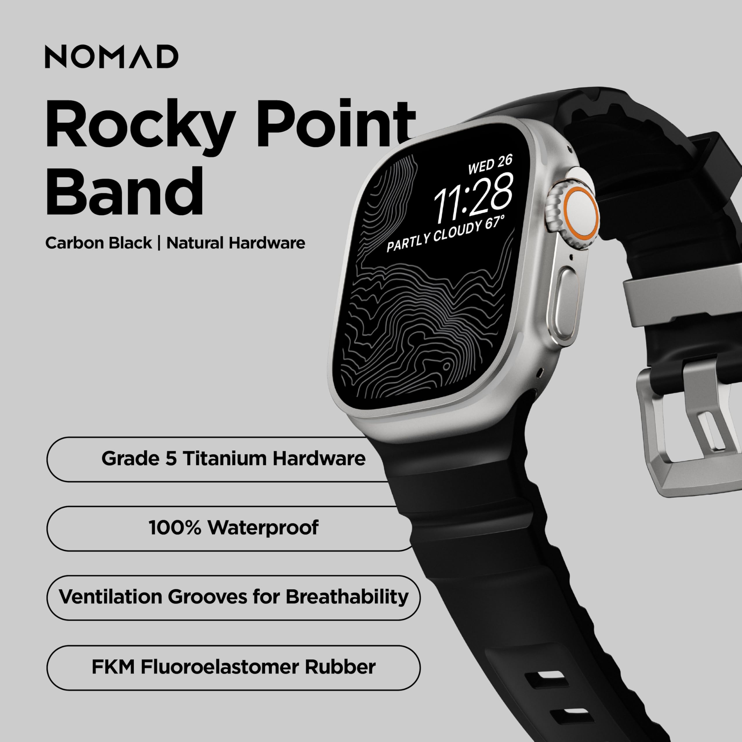 NOMAD Rocky Point Band | für Apple Watch 42/44/45/49 mm |ultimative leistungsstarke Uhrenarmband I Carbon Black Connector Natural