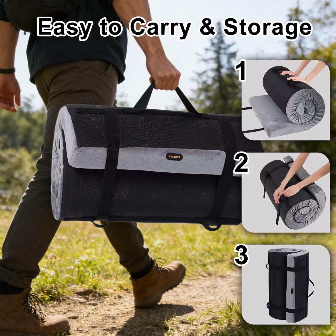 Memory Foam Camping Mattress Pad, 3 Inch Sleeping Pad for Camping, Portable Roll Up Cot Mattress for Adults, Thick Sleeping Mat for Sleepover