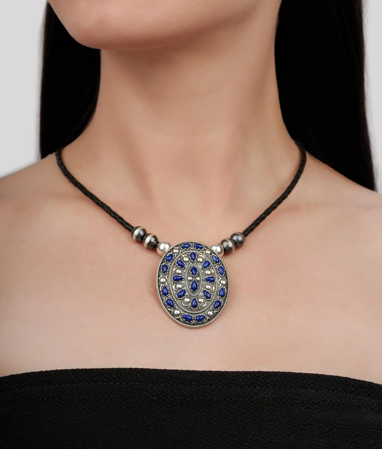 American West Jewelry Sterling Silver Lapis Cluster Gemstone Oval Pendant Enhancer