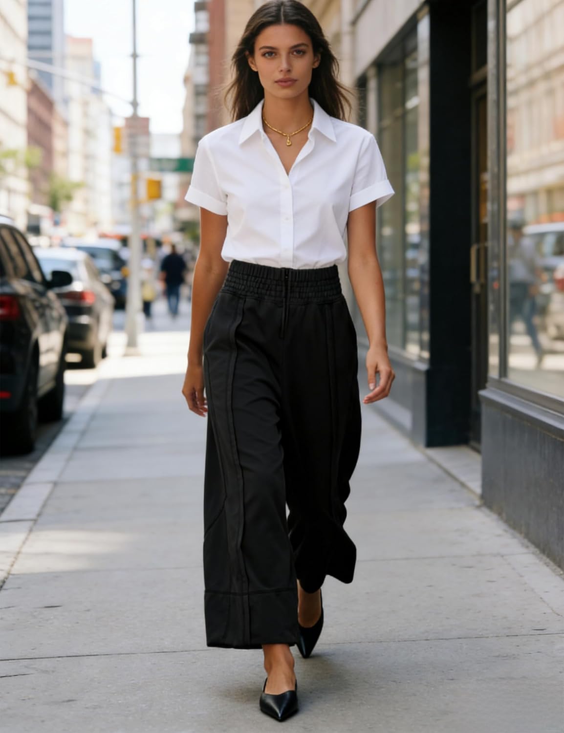 Womens Casual Wide Leg Pants Elastic High Waisted Palazzo Loose Trousers with Pockets - Image 5