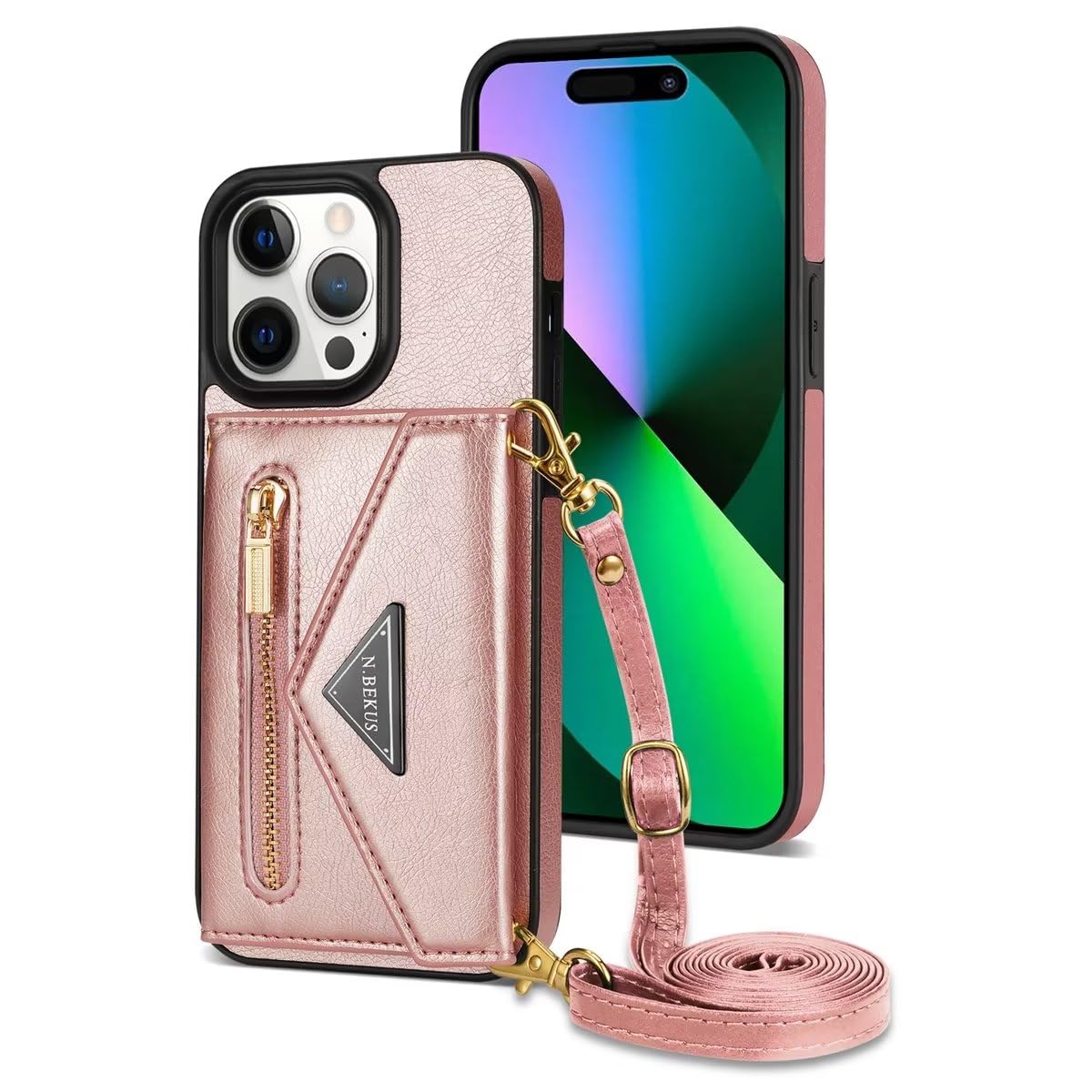 ESONG 𝐖𝐚𝐥𝐥𝐞𝐭 𝐂𝐚𝐬𝐞 𝐟𝐨𝐫 𝐢𝐏𝐡𝐨𝐧𝐞 𝟏𝟓 𝐏𝐫𝐨 𝐌𝐚𝐱,Magnetic Protective Case,Premium PU Leather Shockproof Phone Cover,with Card Slots,Kickstand,Adjustable Crossbody Lanyard Strap-Pink