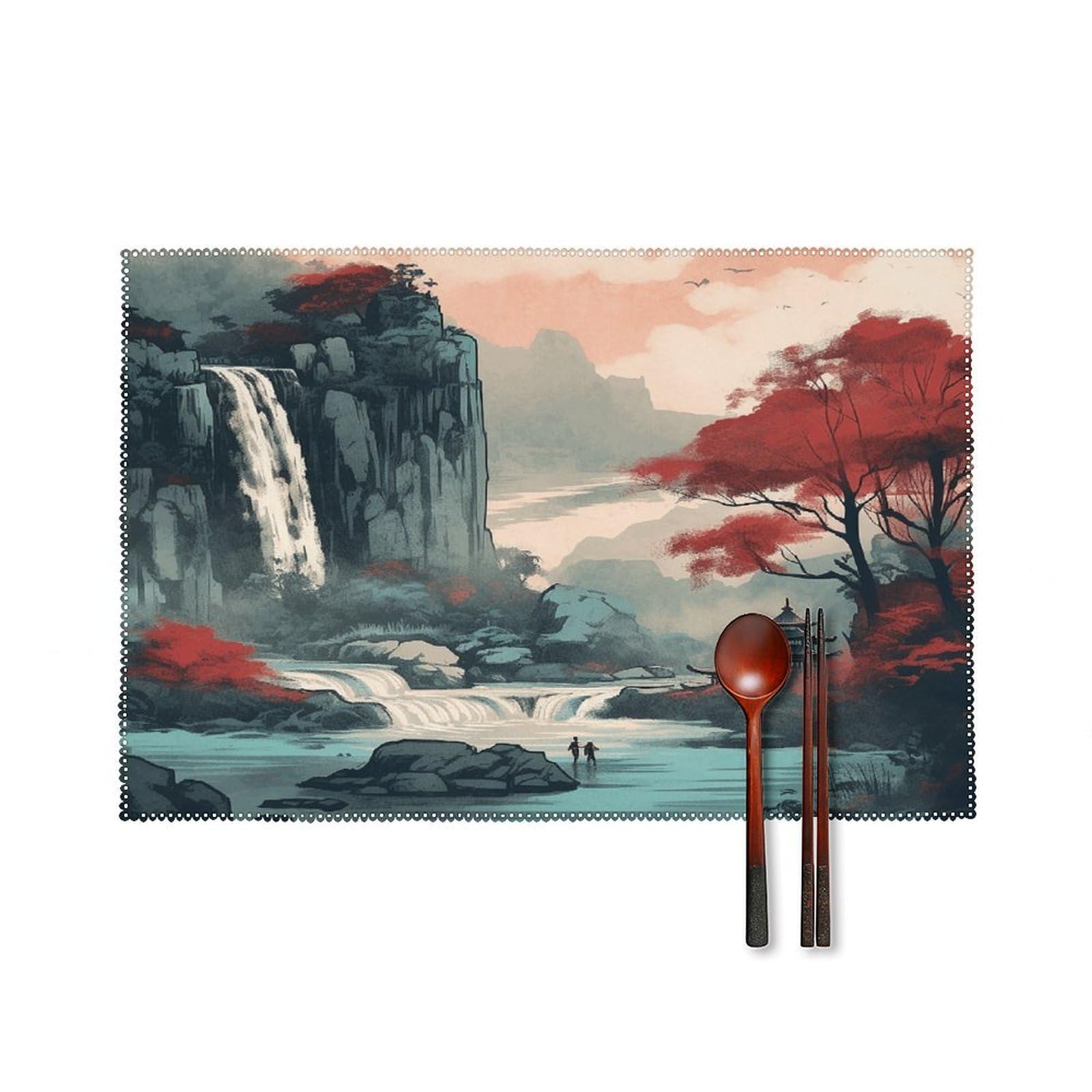 Waterfall Scene Painting Placemats Set of 6 Heat Resistant Non-Slip Place Mats Washable Wipeable Table Mats Elegant Farmhouse Placemat for Kitchen Dining Outdoor Party Table Decor