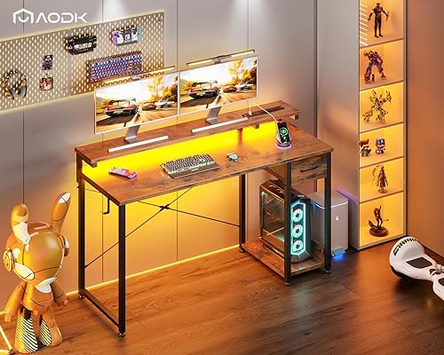 Miniatura 2 de AODK Escritorio para computadora de juegos con toma de corriente y tira de luz LED, escritorio de oficina en casa de 55 pulgadas con soporte
