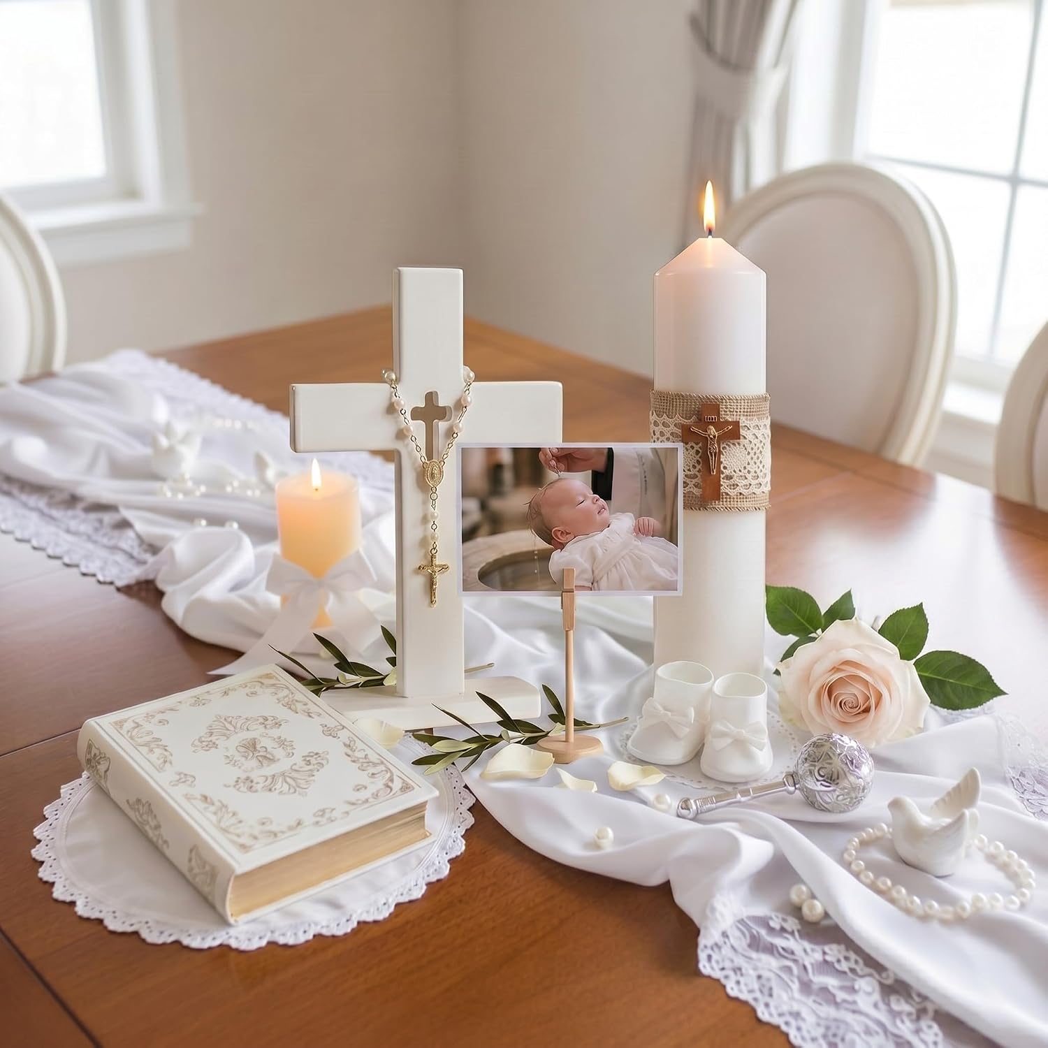 Liliaafar 24 Pcs Cross Table Decor Baptism Centerpieces Sets 4 Baptism Table Decor Crosses 4 Linen Bow Cross Candles 4 Photo Clips 8 Roses 4 Religious Rosary for Wedding Baby Shower Christening Church image 3
