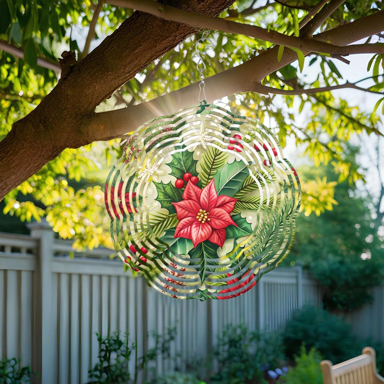 Christmas Flowers Poinsettia Christmas Wind Spinners 3D Stainless Steel Laser Cut Metal Double Sided Printing-Hanging Indoor/Outdoor Decorations Yard Gardening Decor,Metal Kinetic Art 14x14 inches