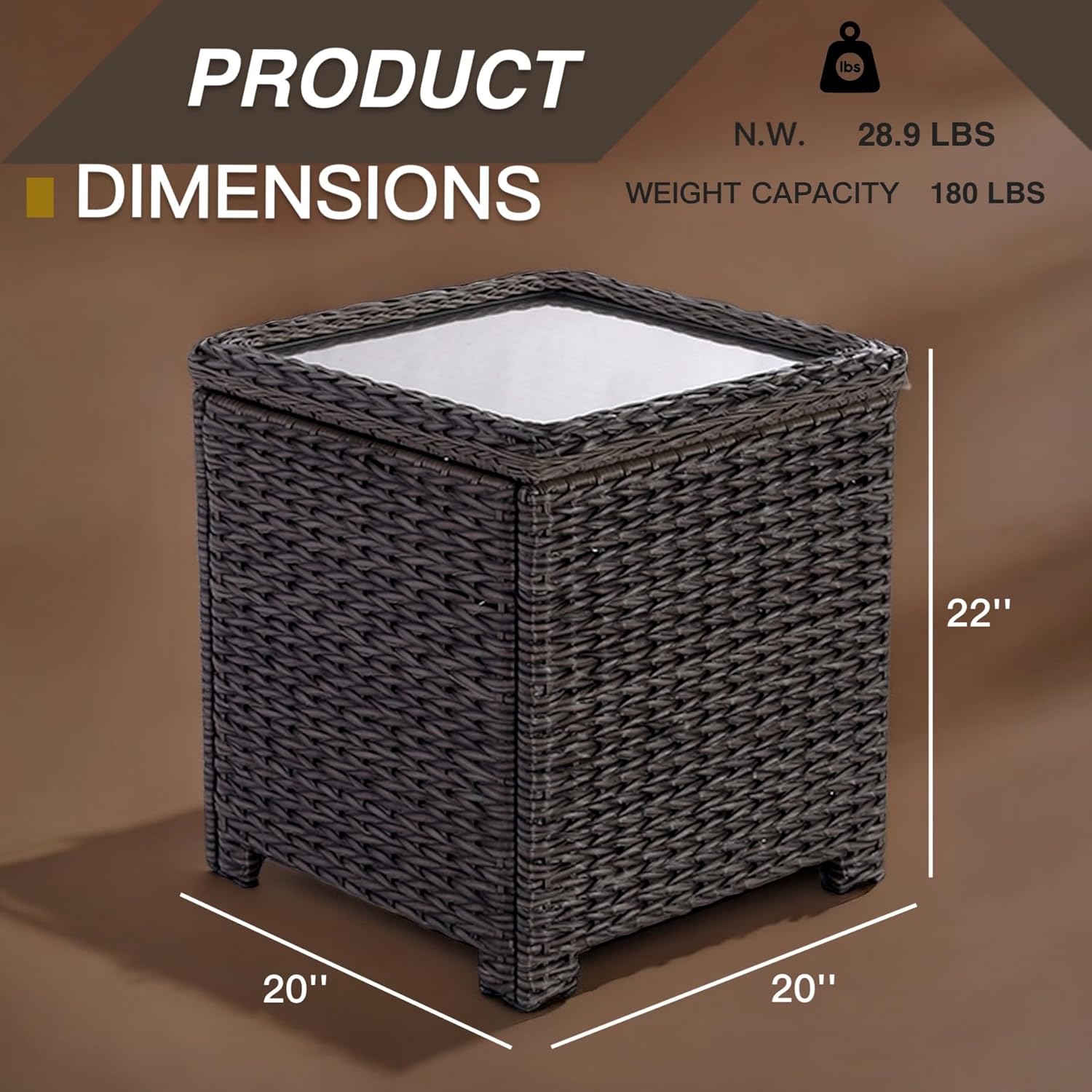 Classic Outdoor Storage Side Table, Weather-Resistant HDPE Rattan Wicker Patio Coffee Table w/Tempered Glass Flip Top for Porch Pool, Dark Brown