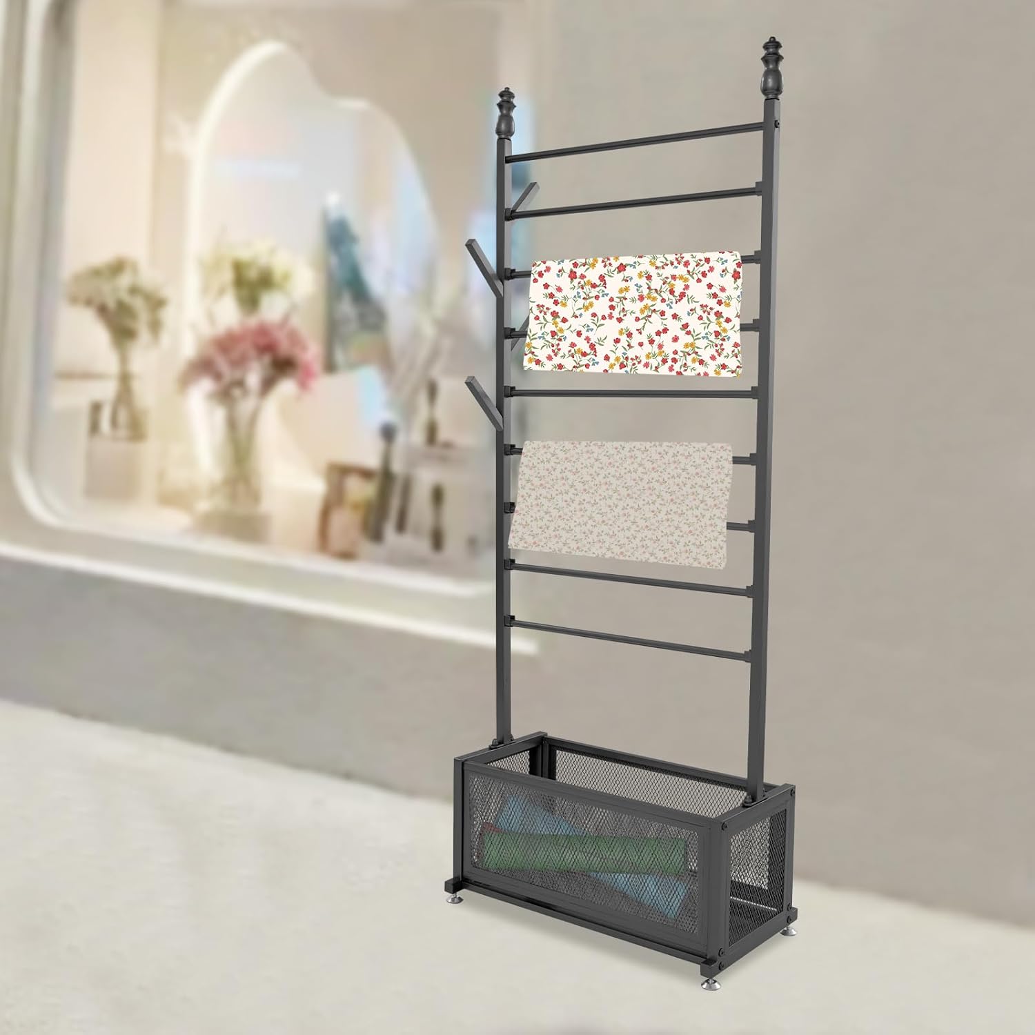 ribbon rack,ribbon holder organizer rack, 9 Tiers Floor Rolling Ribbon Organizer Wrapping Paper Tie & Scarf Rack With Storage Basket,(Black)
