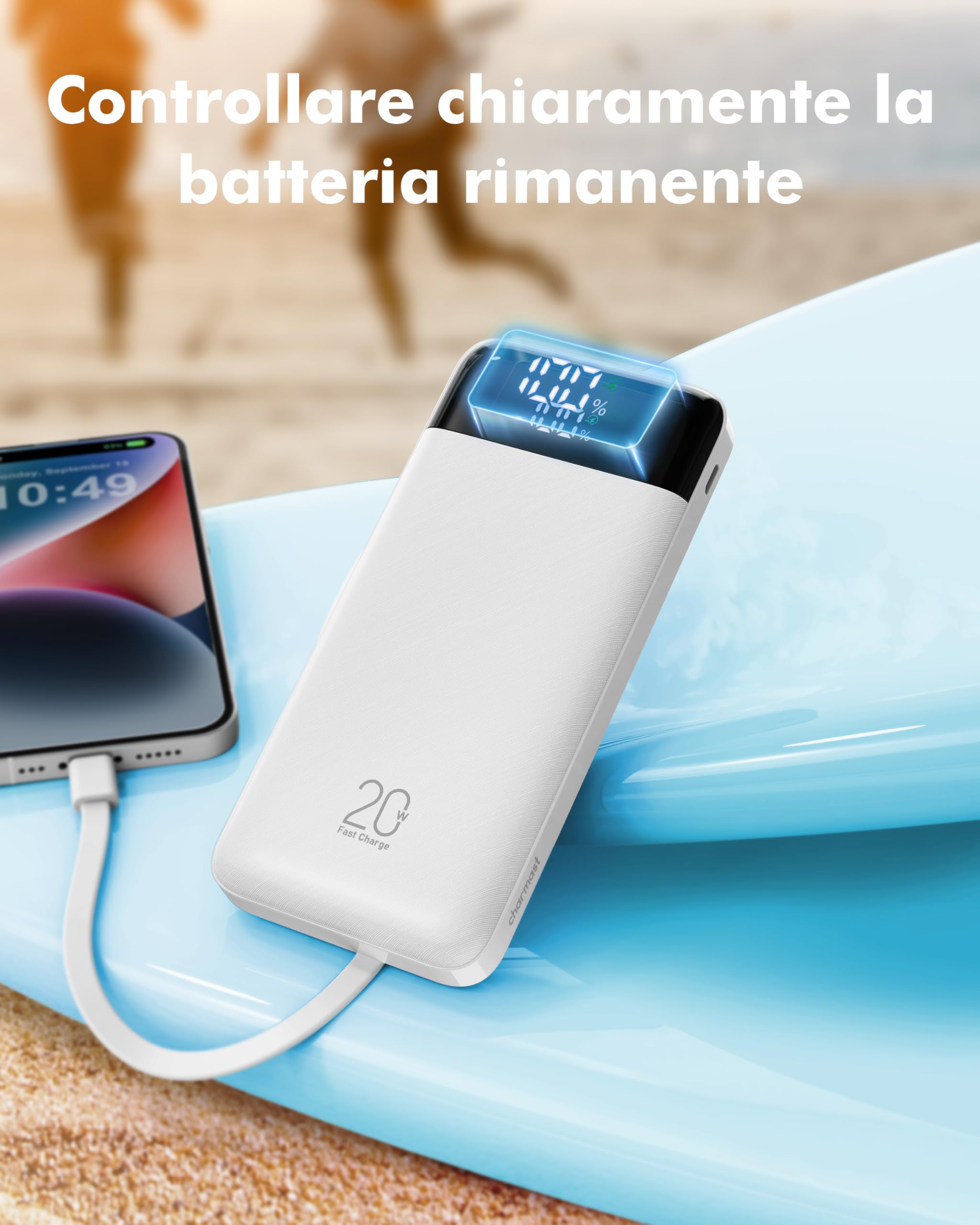 Charmast Power Bank 20 000 mAh avec câbles intégrés 22,5 W QC & 20 W PD Chargeur Portable Charge Rapide Batterie Externe LED écran avec 5 Sorties et 4 entrées pour iPhone Huawei