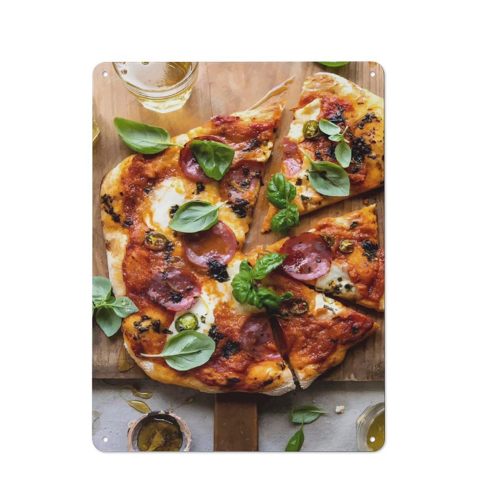 Junmoney Style-9 Pepperoni Pizza With Basil Vintage Metal Plaque 40X30cm For Hobby Room Or Studio, For Kitchen, Dining Room And Home Bar Wall Decor