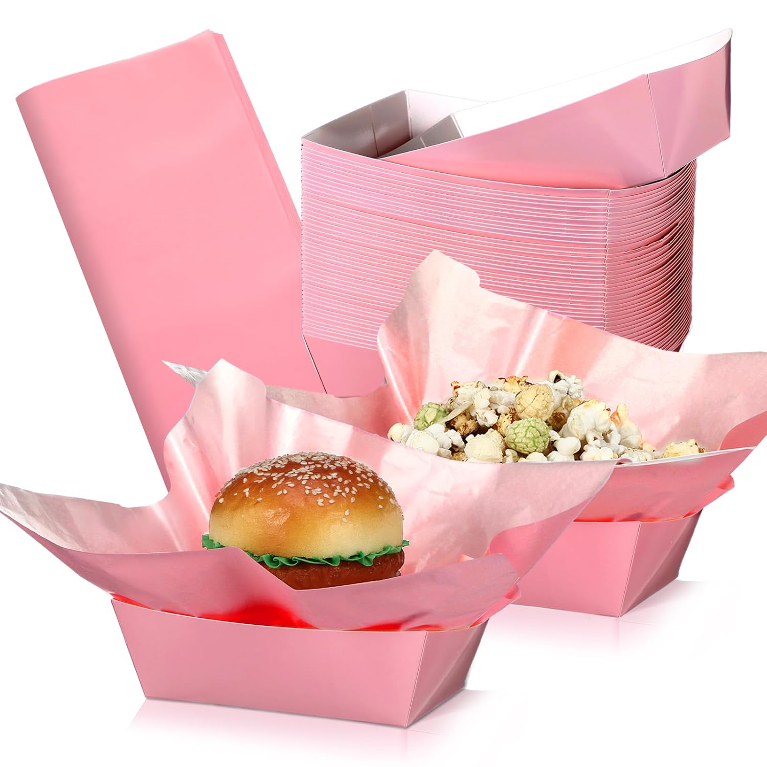 Geosar 100 Pcs Pink Paper Food Trays Bulk Disposable Food Boat with Pink Wax Paper Wrapping Disposable Serving Snack Trays Nacho Plates for Carnival Picnic Birthday Party Pink 100