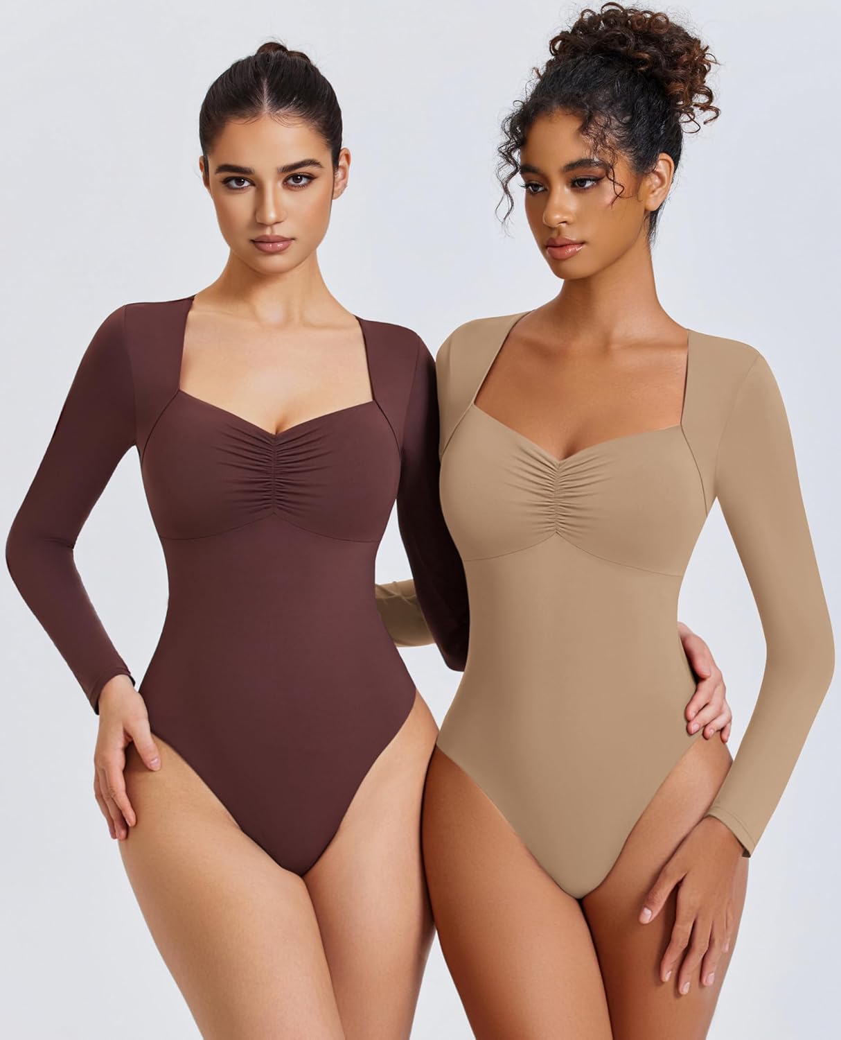Avidlove Women's Sexy Sweetheart Neckline Bodysuit Tops Long Sleeve Double Lined Thong Body Suits Ruched Outfits - Image 3