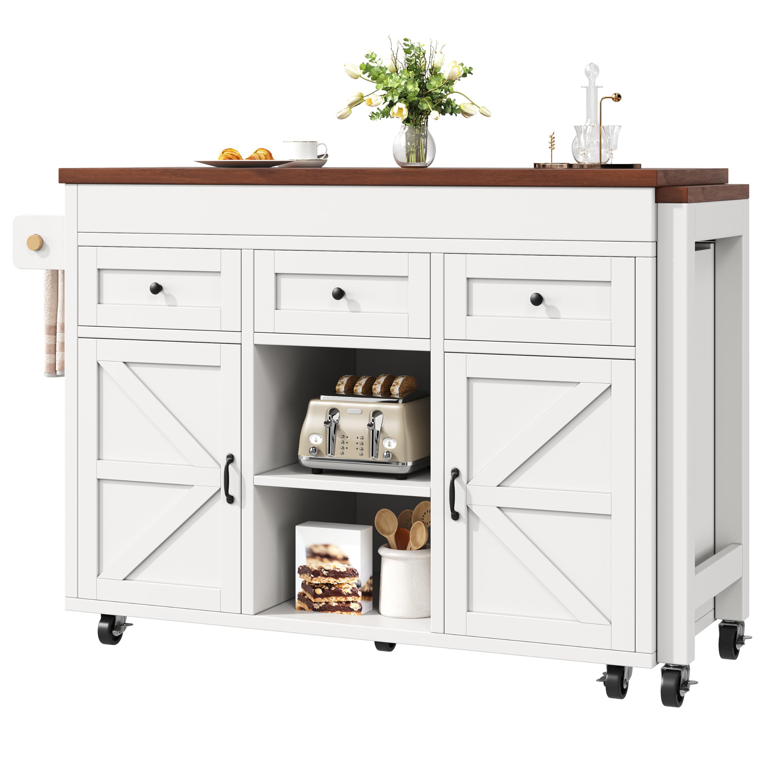 Isola da cucina con vano portaoggetti, tavolo da pranzo estensibile (131,5-210 cm), girevole a 360°, cassetti, armadi, piano di lavoro versatile per cucina, sala da pranzo, piccoli spazi, bianco