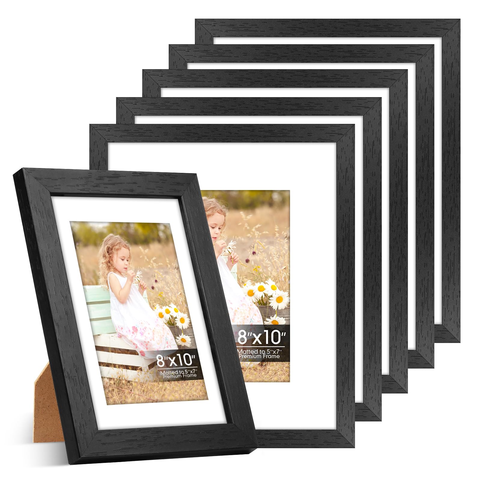 8x10 Picture Frame Set of 6 with Shatter-Resistant HD Plexiglass - Use as 5x7 Frame with Mat or Display 8x10 Photo Without Mat - Thin Border Picture Frames for Tabletop Display Black