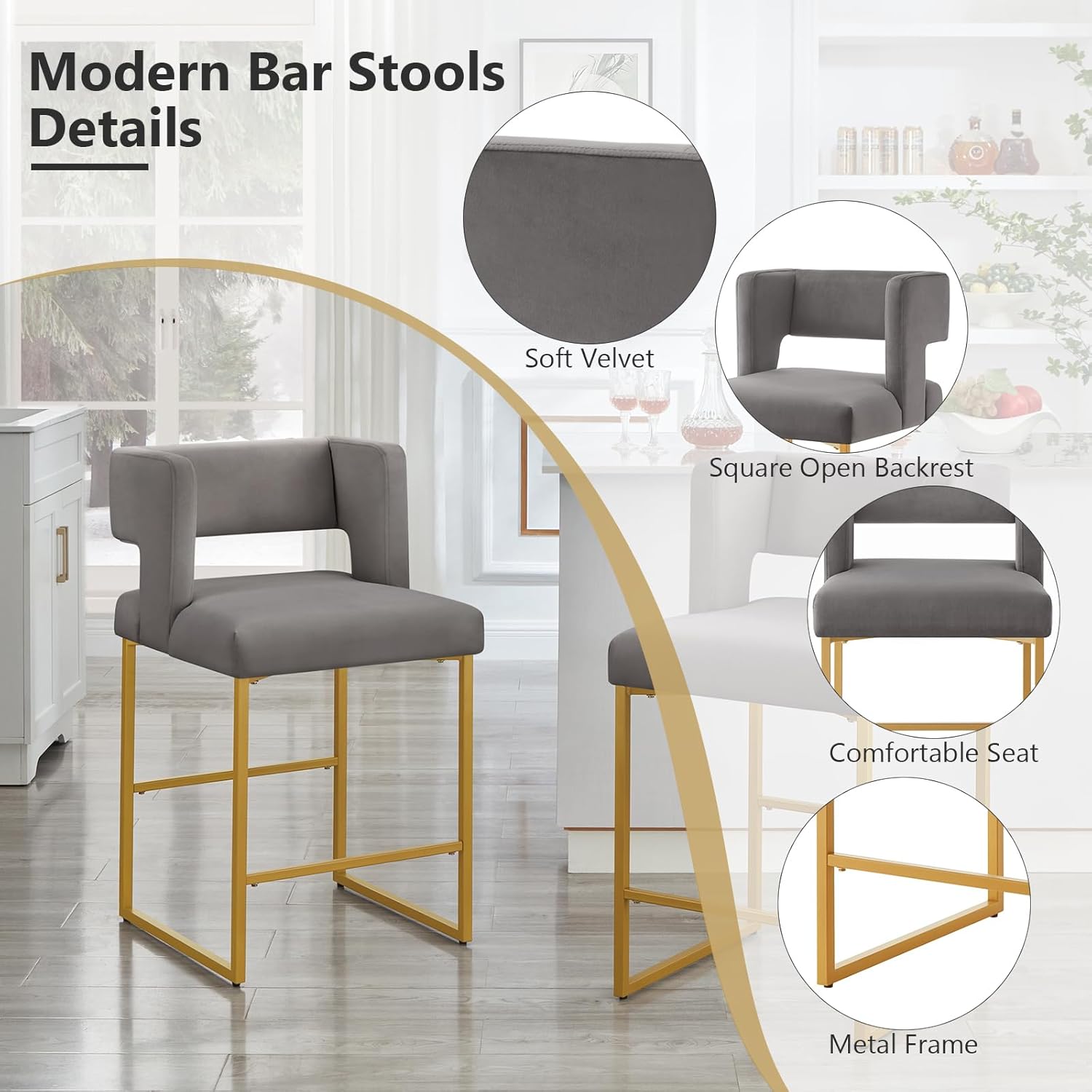 26" H Counter Height Bar Stools Set of 4, Modern Velvet Bar Stools with Square Open Backrest and Gold Metal Frame, Kitchen Counter Stools for Island, Home Bar, Pub(Dark Gray+Gold)