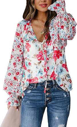 Biucly Womens Casual Boho Floral Print V Neck Long Sleeve Drawstring Tops Loose Blouses Button Down Shirts