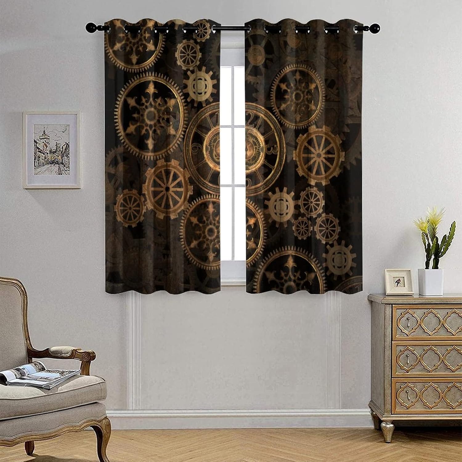Abstract Modern Art Steampunk Curtains,Steam Punk Mechanical Antique Gears Clock Print Window Drapes Thermal Insulated Grommet Top Blackout Drapes for Bedroom 63L x 27.5W,2 Panels