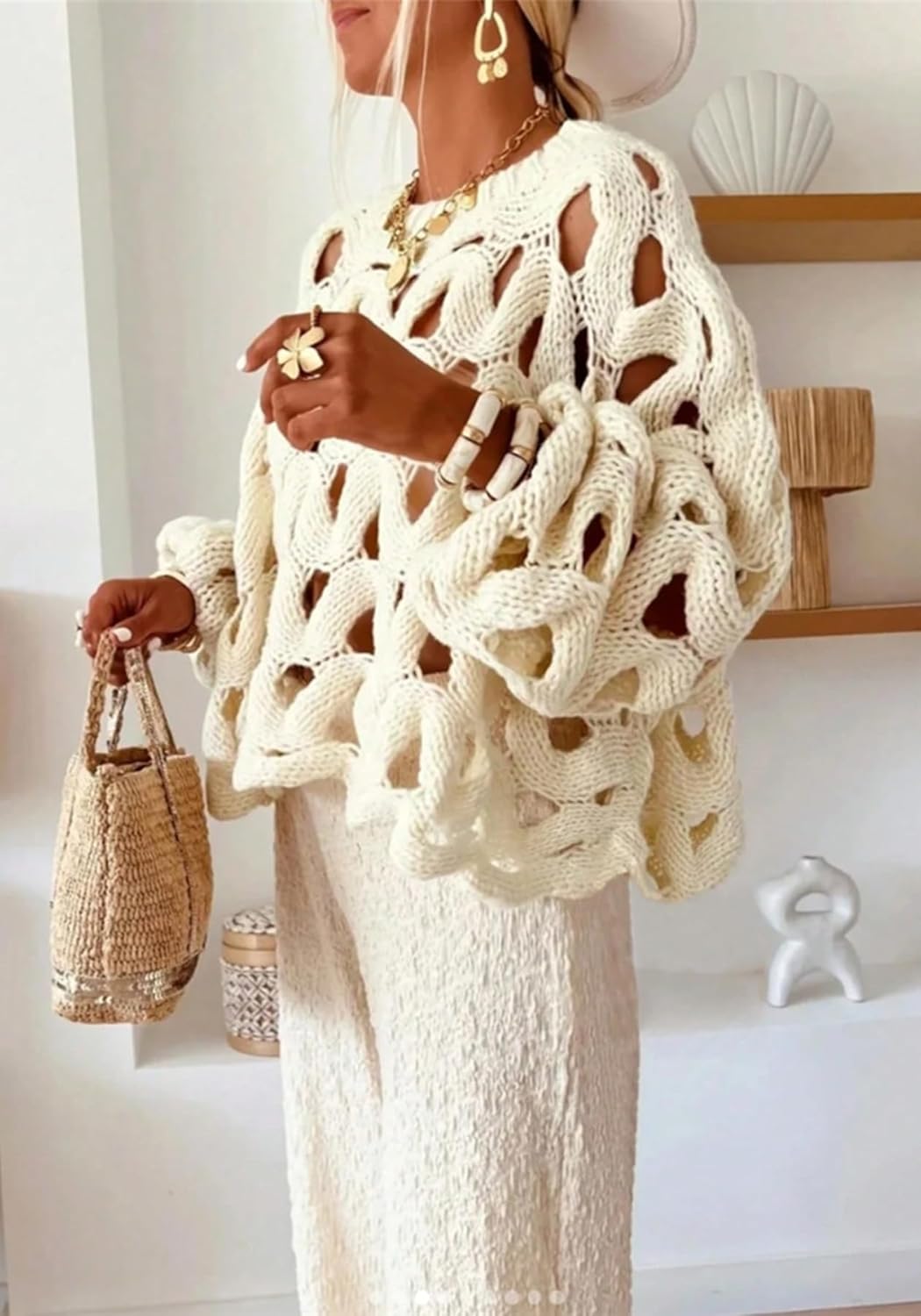 LETSVDO Women's Crochet Hollow Out Sweater Long Sleeve Crewneck Mesh Knit Pullover Tops Casual Beach Vacation Cover Ups