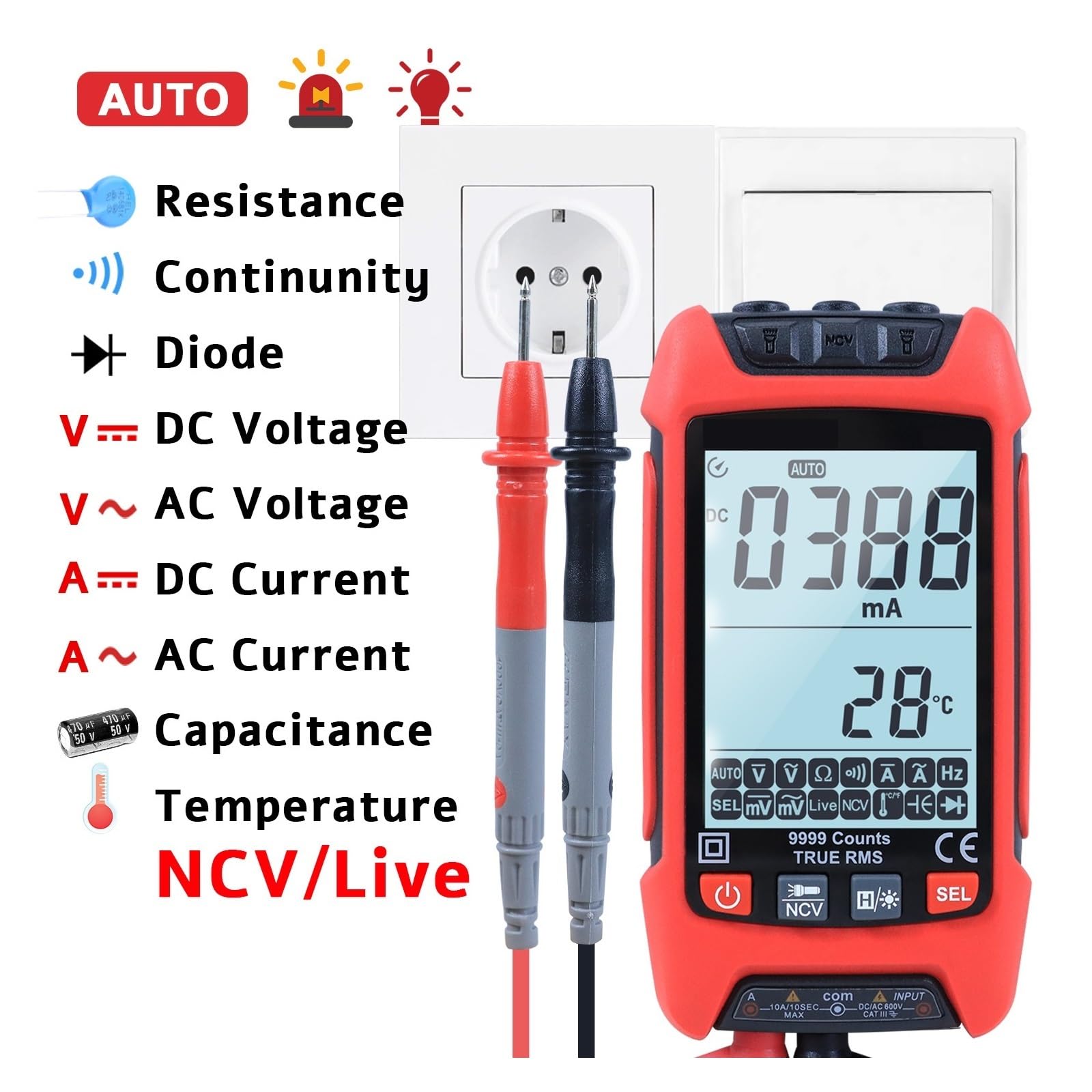 Tester Woltomierz AC/DC Ohm Cyfrowy Multimetr 9999 Zlicza Automatyczny Zakres Rezystancji TRMS Pojemnościowy Temperatury Szybko Dokładnie Łatwy Odczyt(V2-O)