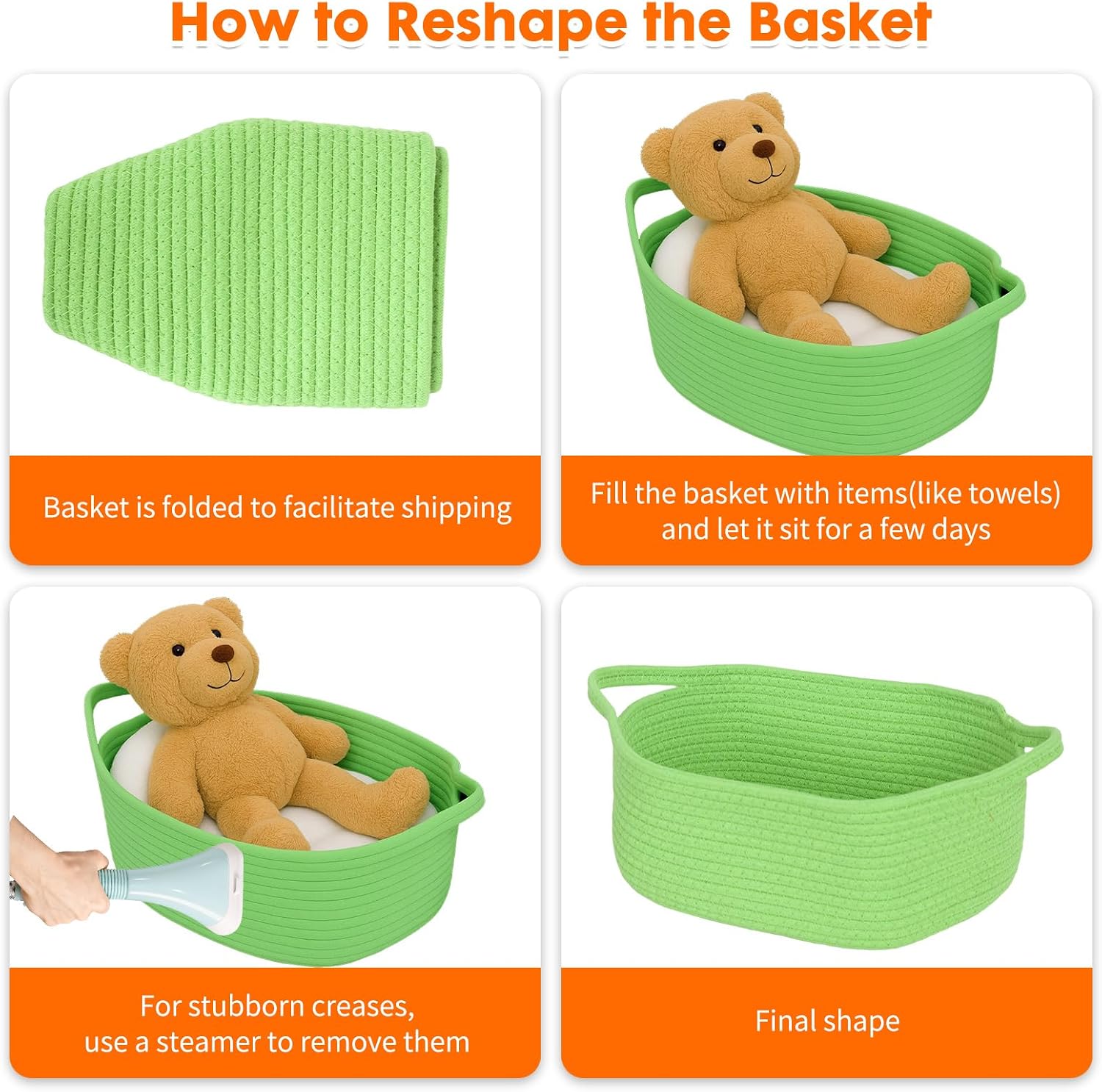 ShellKingdom Storage Basket with Handles, Empty Gift Basket for Christmas with Gift Bags and Ribbon, Small Woven Baskets for Home, Nursery Storage Organizer, 12 X 8 X 5 INCH, Green
