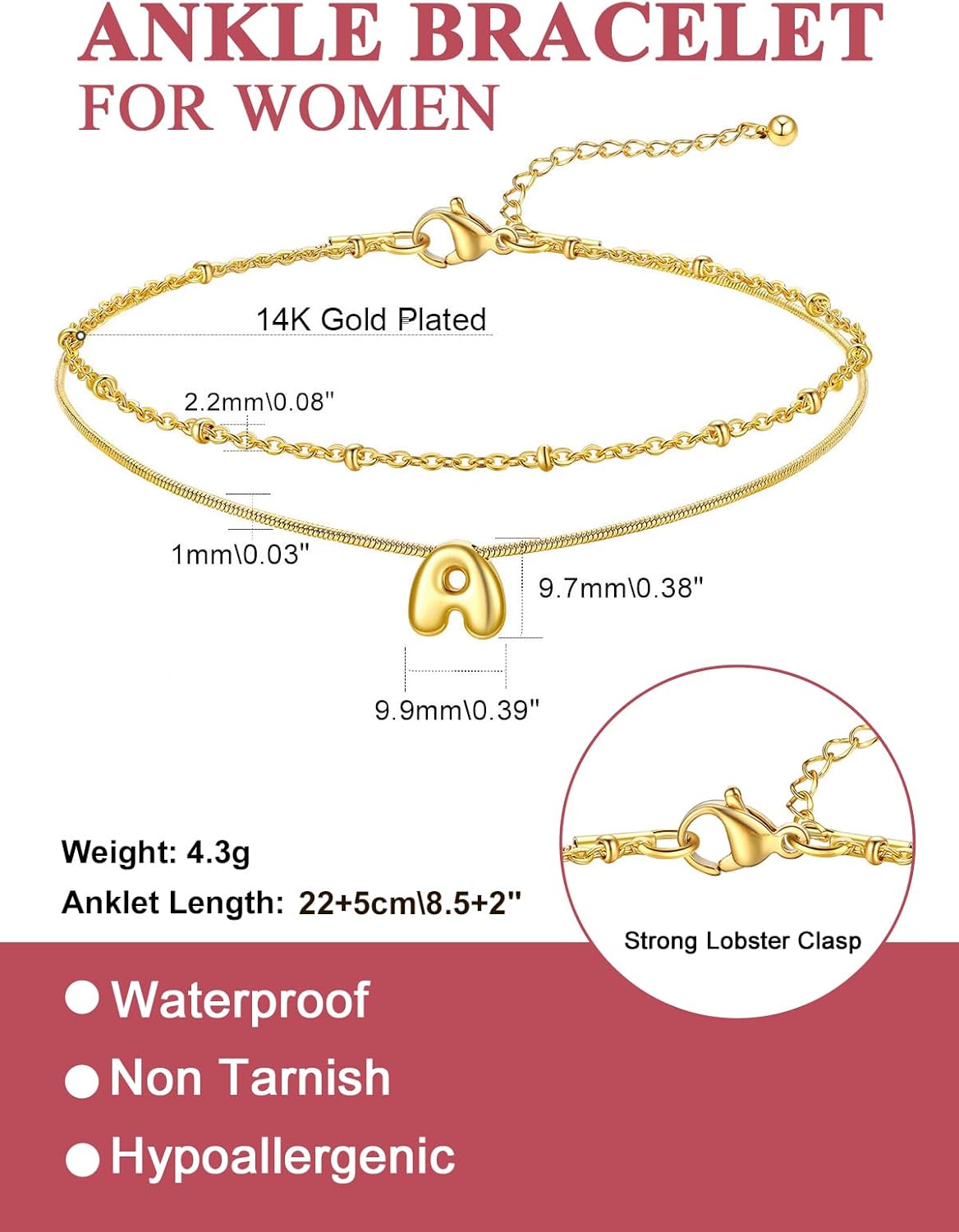 FOCALOOK Initial Anklet Bracelet for Women, 14K Gold Plated Anklets Layer Letter Ankle Chain Non Tarnish, 8.5"+2" Adjustable Large Ankle Summer Beach Foot Jewelry - Image 5