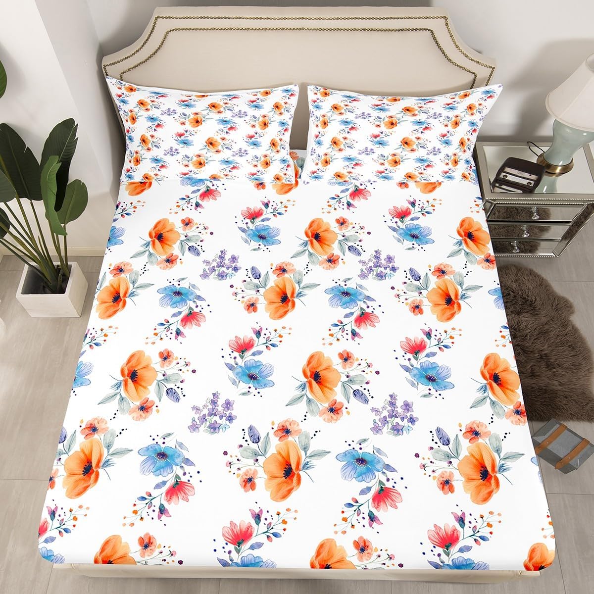 Erosebridal 3 Pieces Butterfly Nursery Girl Crib Bedding Set, Cute Flower Girl Bed Sheets Cartoon Lovely Patchwork Floral Butterfly Fitted Sheet Toddler Queen Sheets Kids Kawaii Room Decor(Pink)